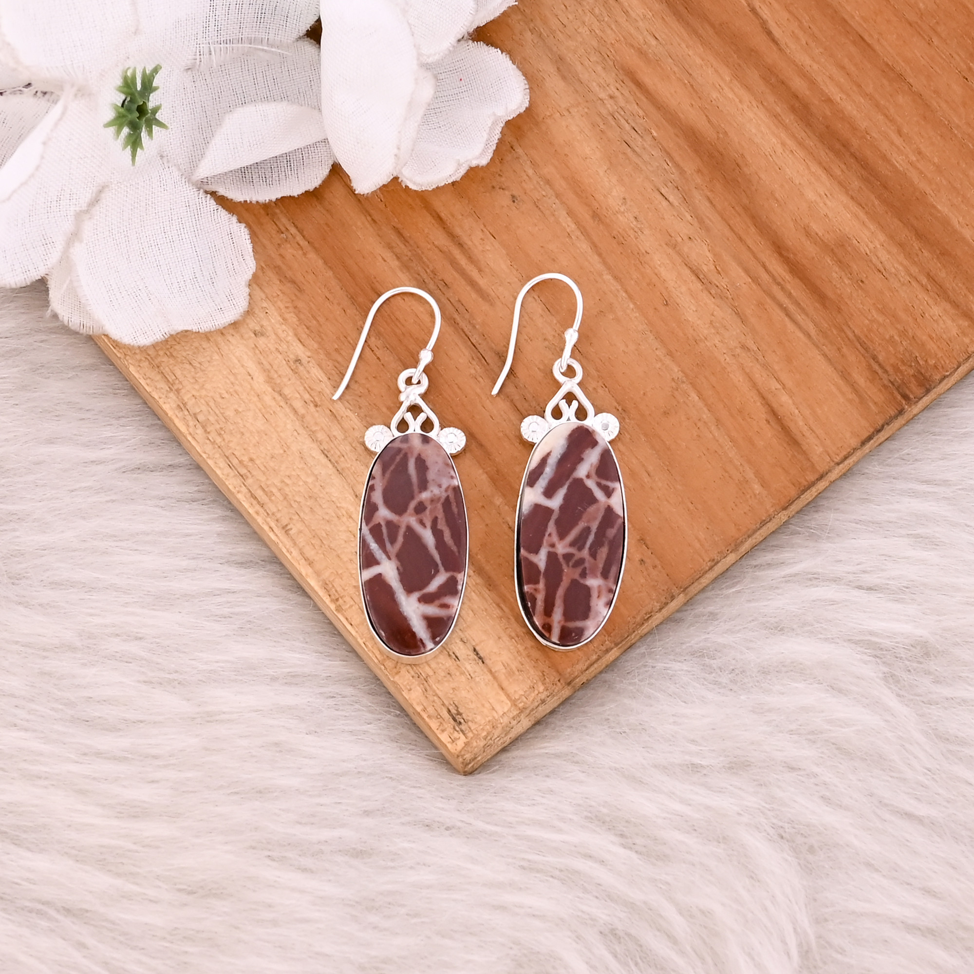 Handmade Brass Jewelry Silver Plated Malinga Jasper Gemstone Dangle Earrings For Women Fashion Earrings