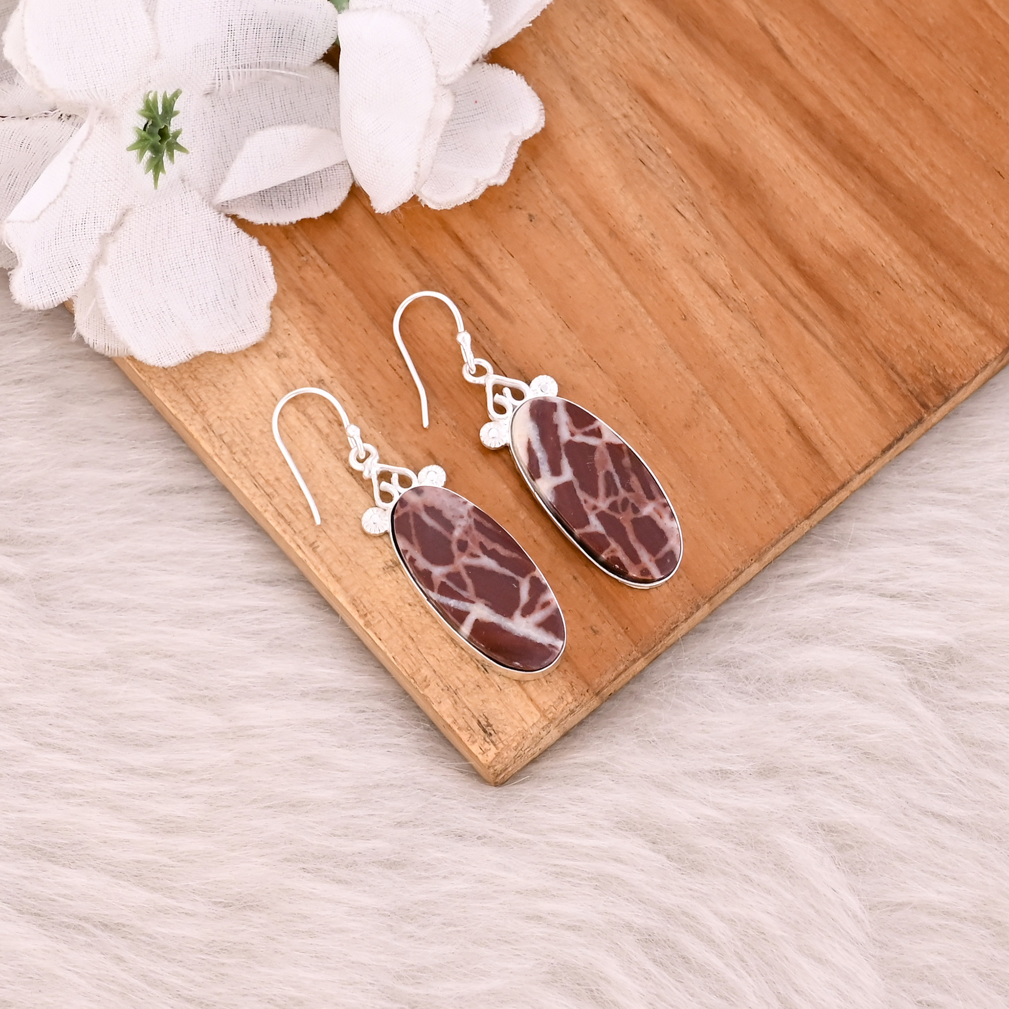 Handmade Brass Jewelry Silver Plated Malinga Jasper Gemstone Dangle Earrings For Women Fashion Earrings