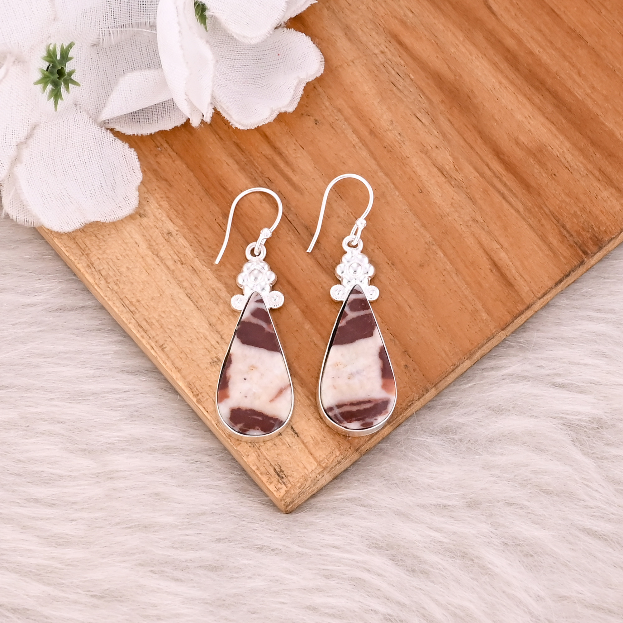Malinga Jasper Pear Gemstone Handmade Designer Brass Silver Plated Dangler Earring