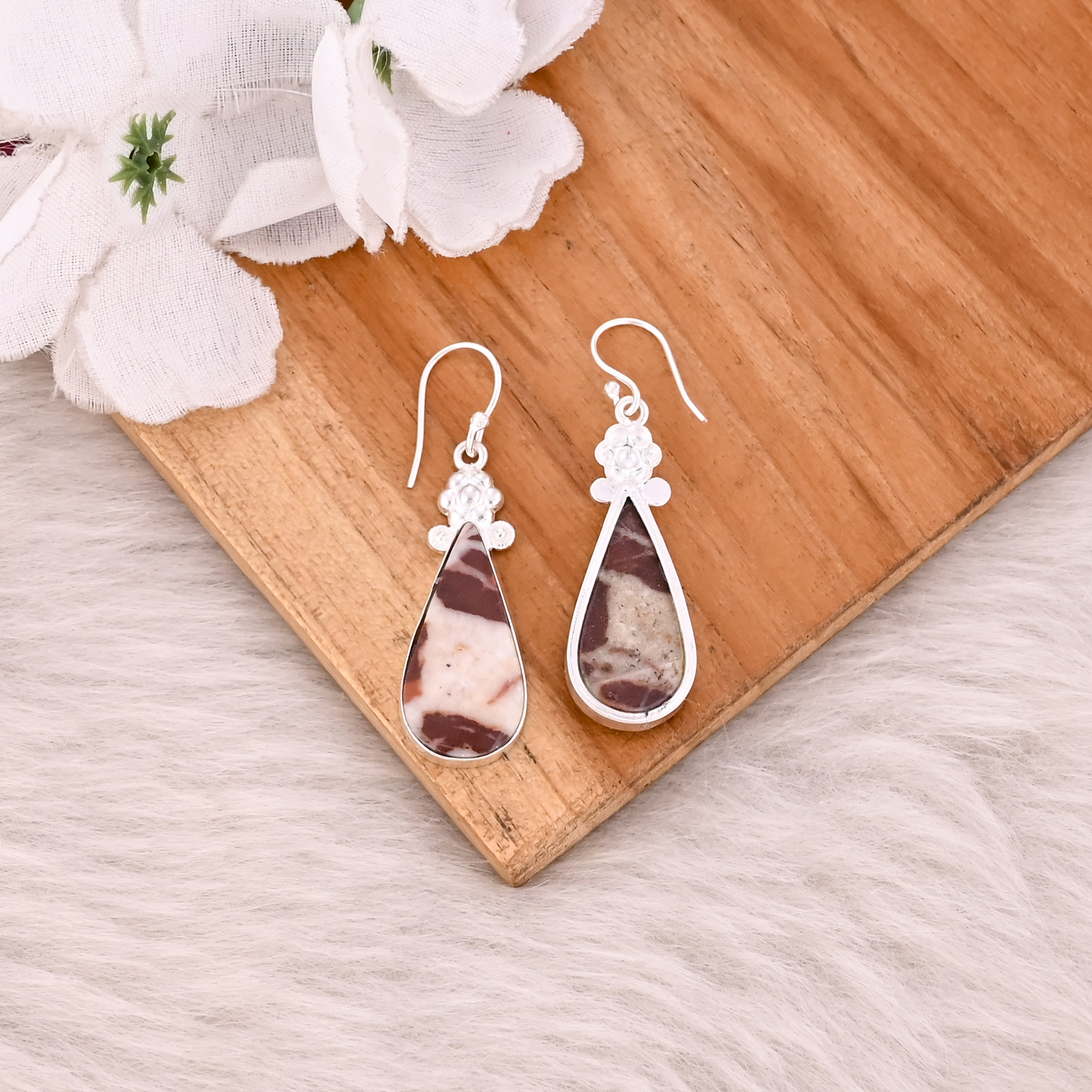 Malinga Jasper Pear Gemstone Handmade Designer Brass Silver Plated Dangler Earring