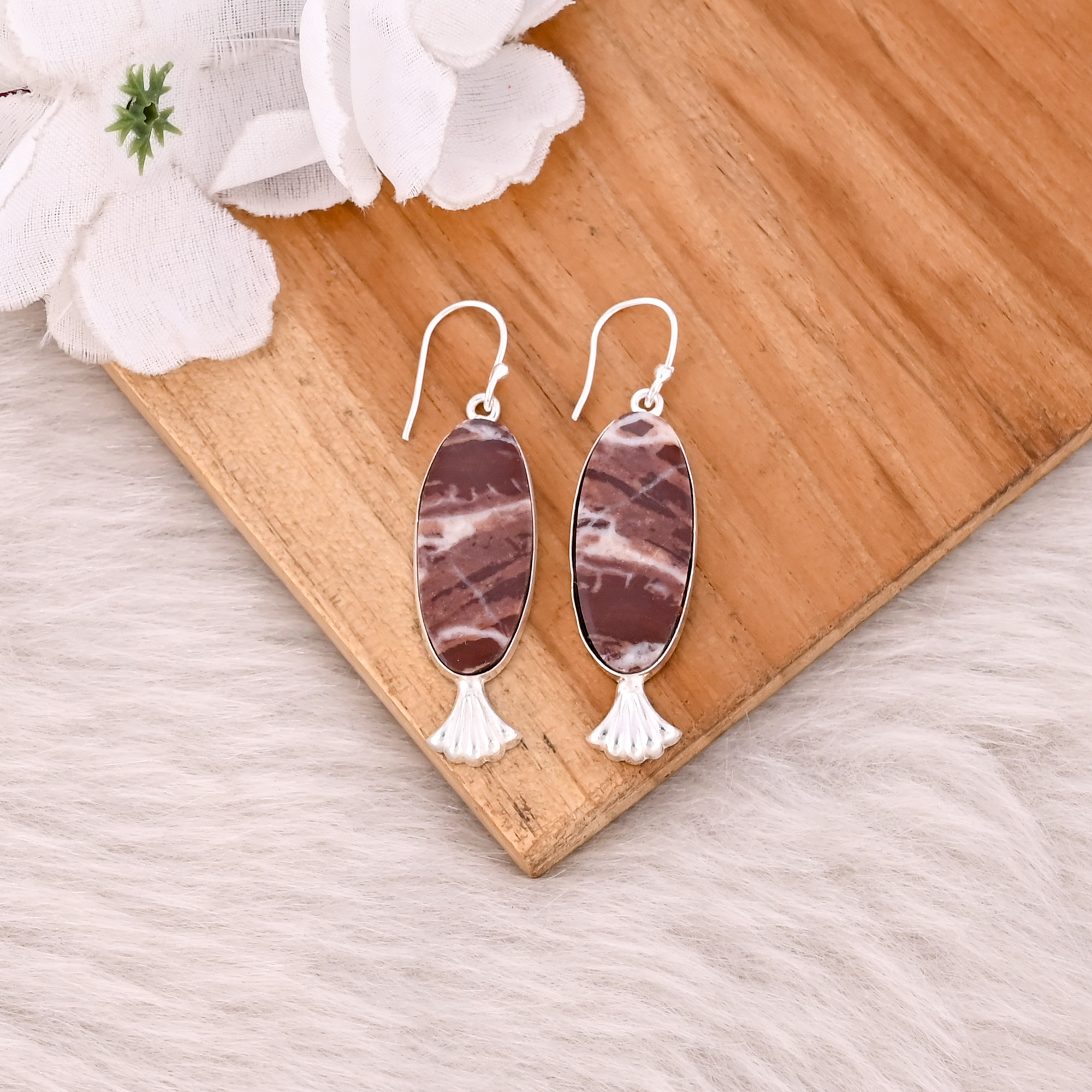 Malinga Jasper Long Oval Gemstone Silver Plated brass Handmade Dangle Earring Women Earring
