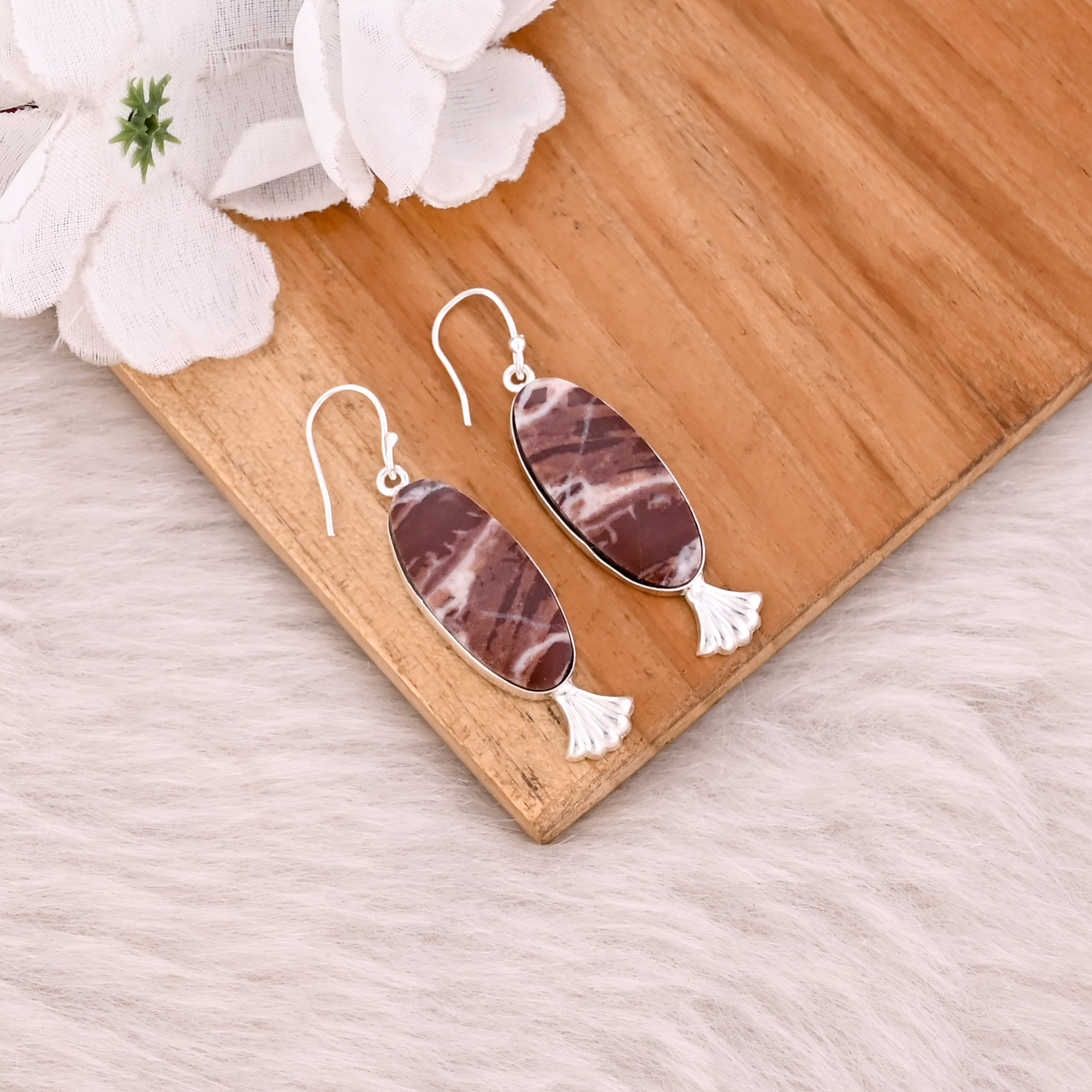 Malinga Jasper Long Oval Gemstone Silver Plated brass Handmade Dangle Earring Women Earring