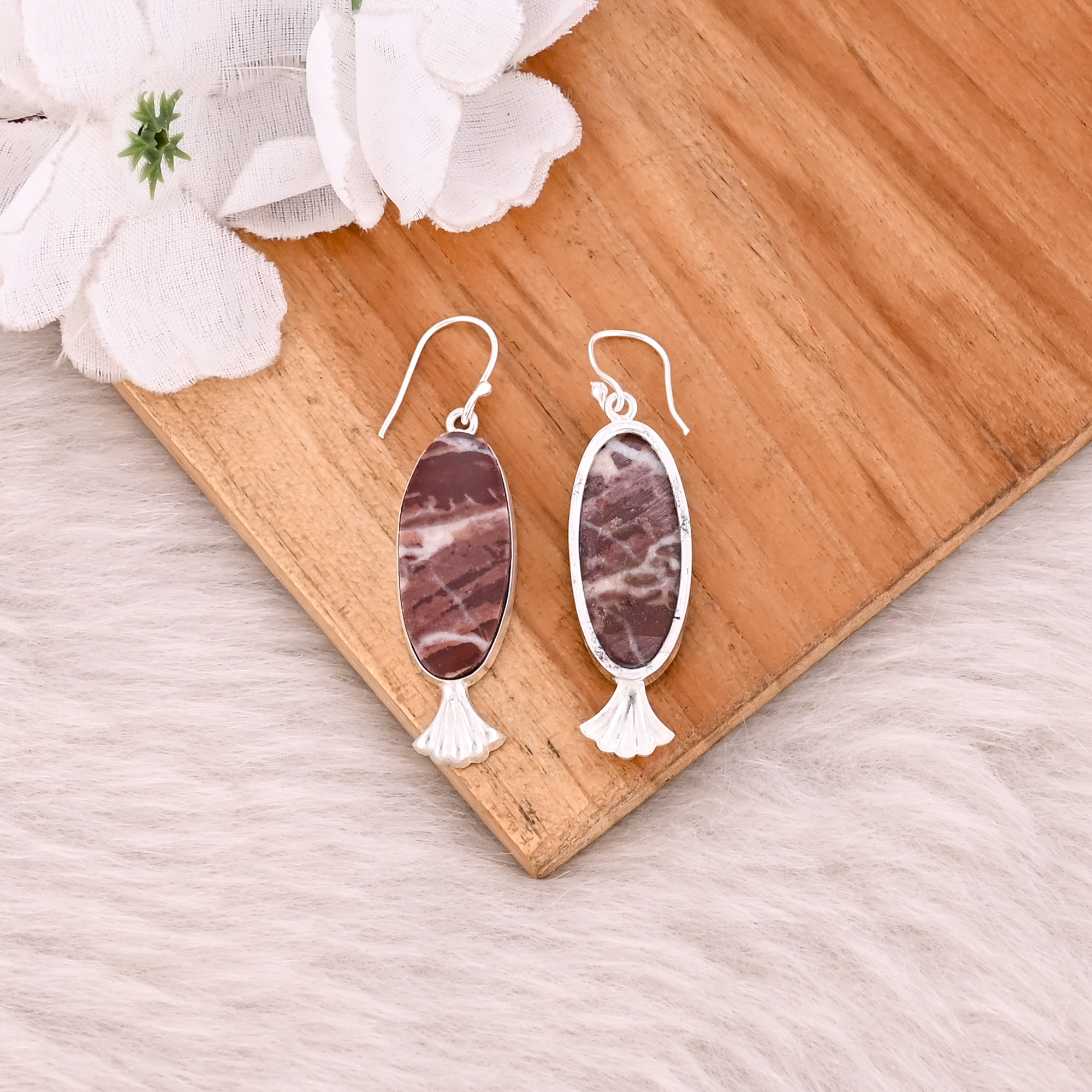 Malinga Jasper Long Oval Gemstone Silver Plated brass Handmade Dangle Earring Women Earring