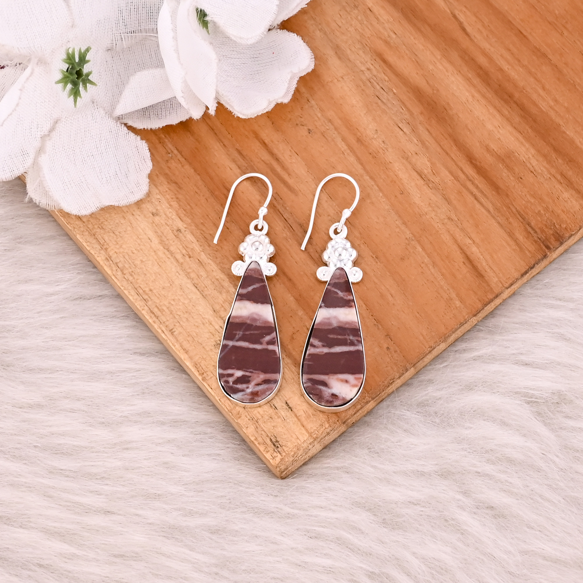 Malinga Jasper Gemstone Handmade Brass Dangle Earring Silver Plated Earring
