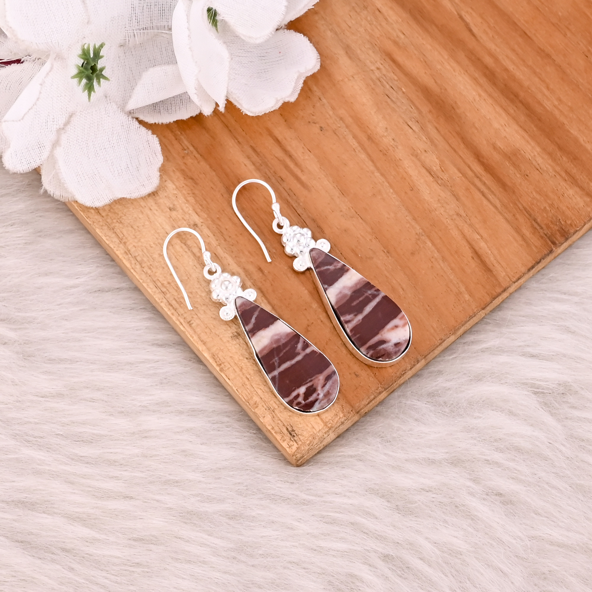 Malinga Jasper Gemstone Handmade Brass Dangle Earring Silver Plated Earring