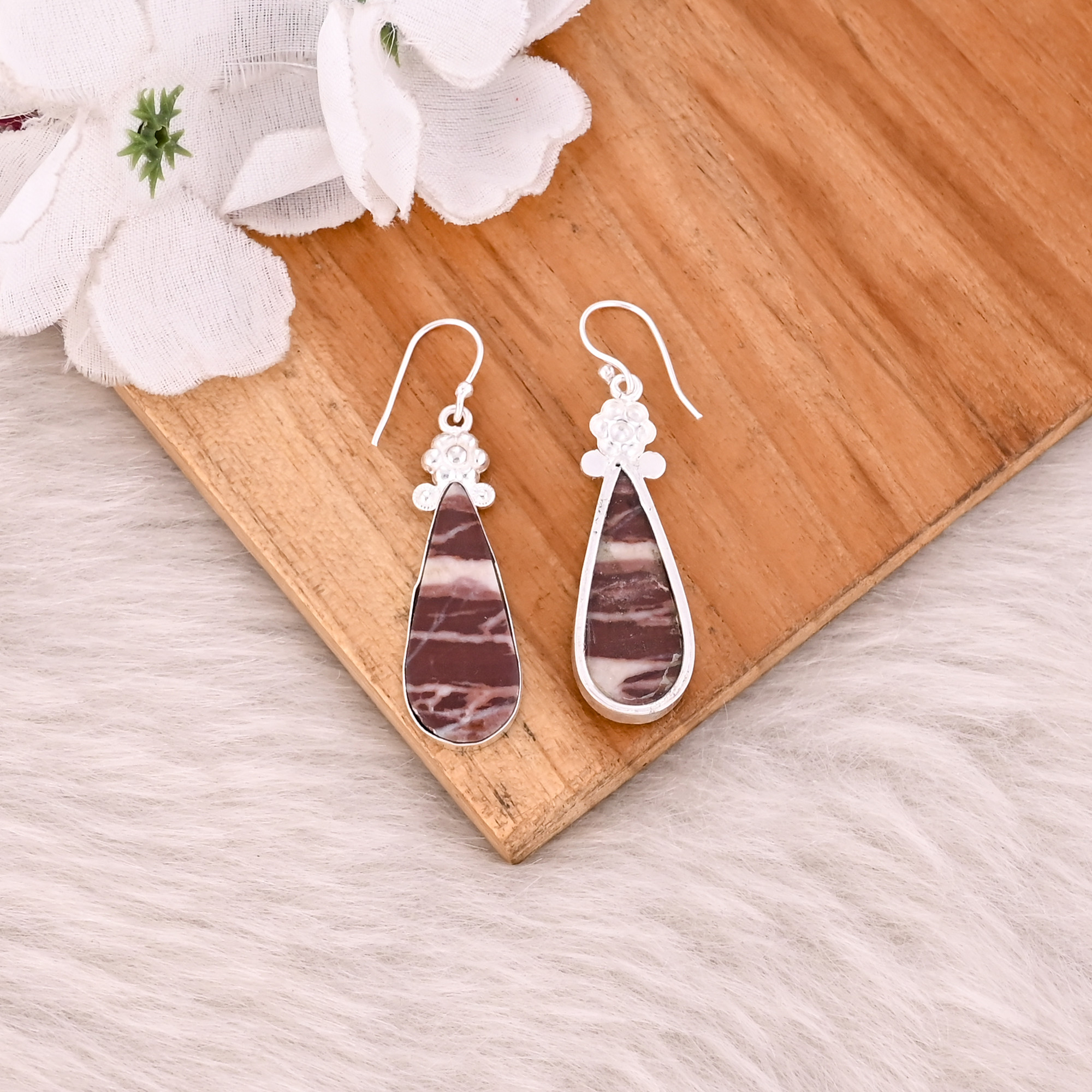 Malinga Jasper Gemstone Handmade Brass Dangle Earring Silver Plated Earring