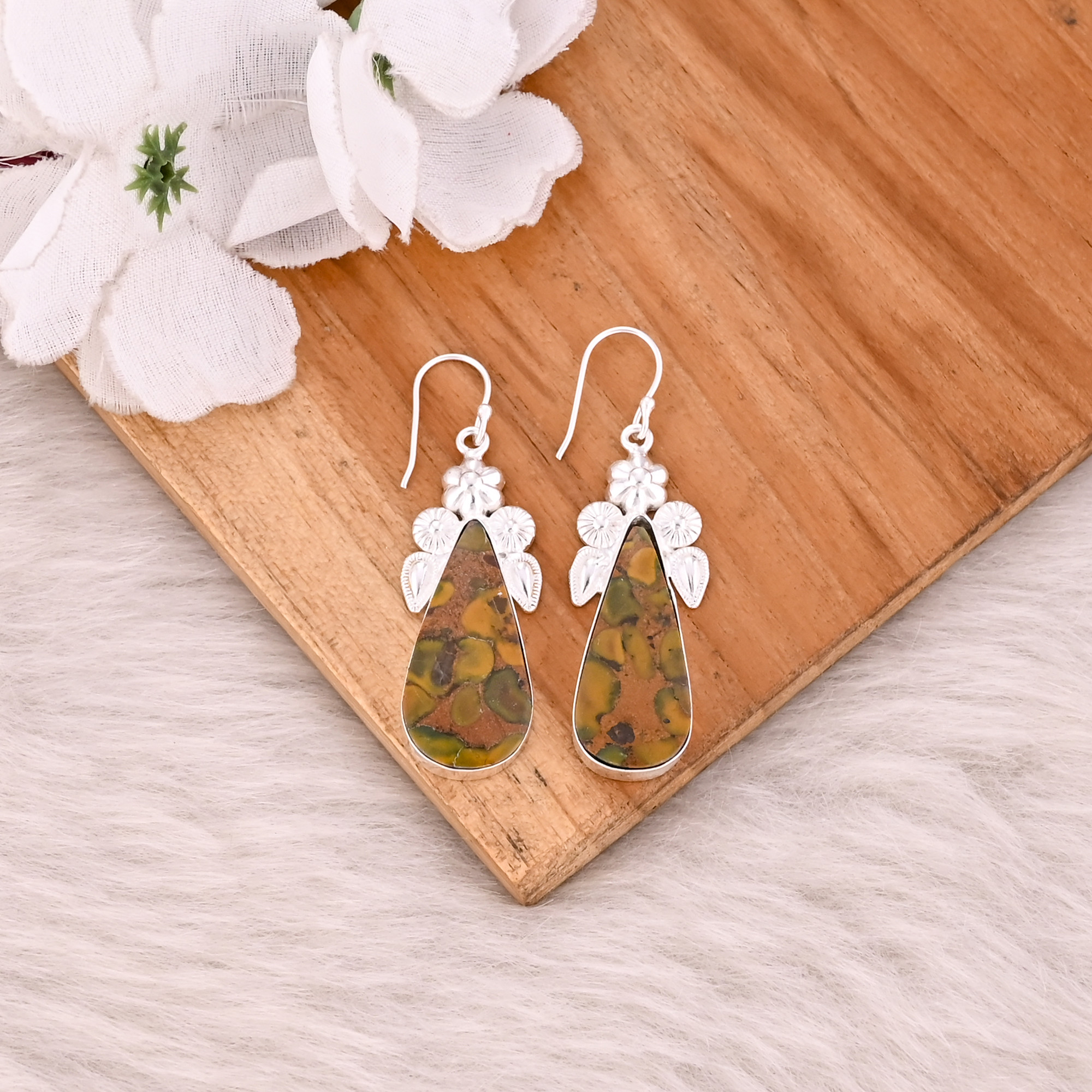 Handmade Trendy Brass Jewelry Silver Plated Fruit Jasper Gemstone Dangle Earrings For Women