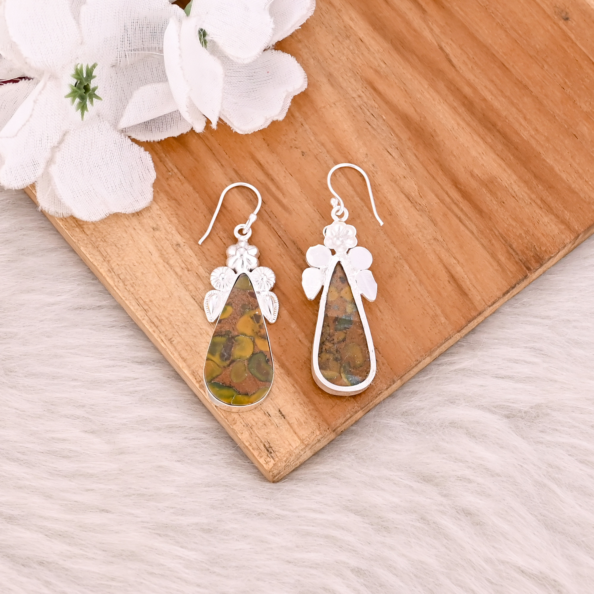 Handmade Trendy Brass Jewelry Silver Plated Fruit Jasper Gemstone Dangle Earrings For Women