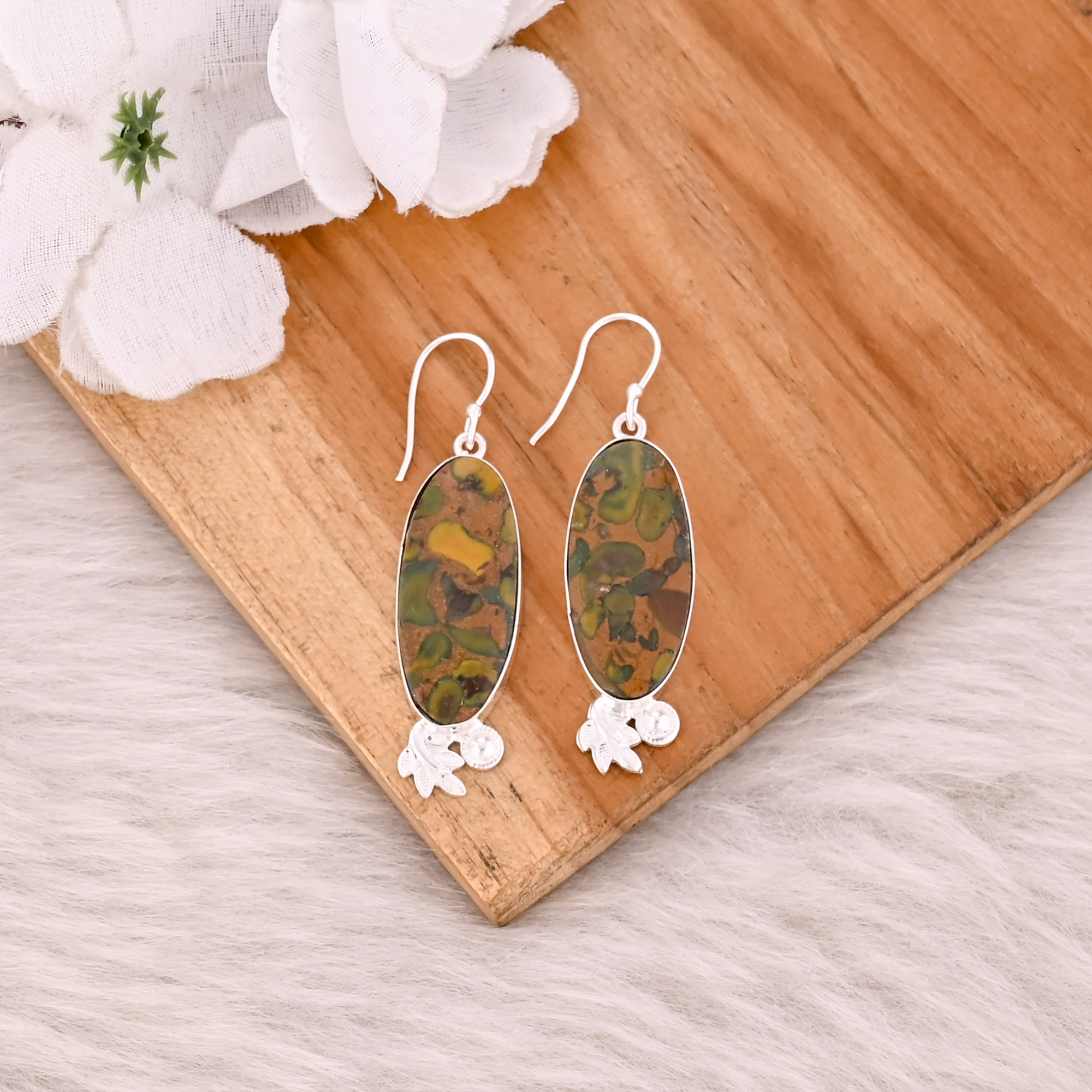 Fruit Jasper Long Oval Gemstone Handmade Designer Brass Silver Plated Dangler Earring