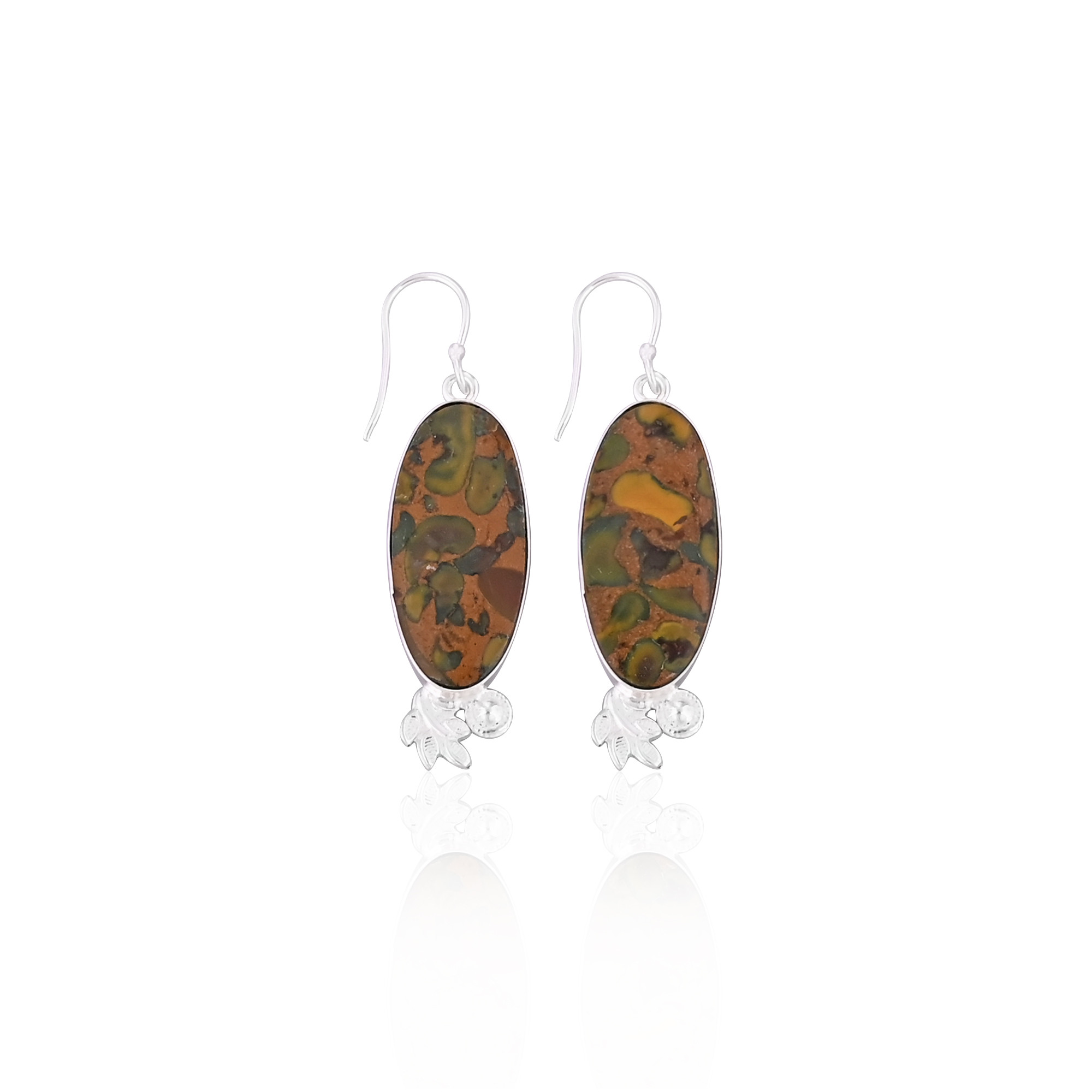 Fruit Jasper Long Oval Gemstone Handmade Designer Brass Silver Plated Dangler Earring
