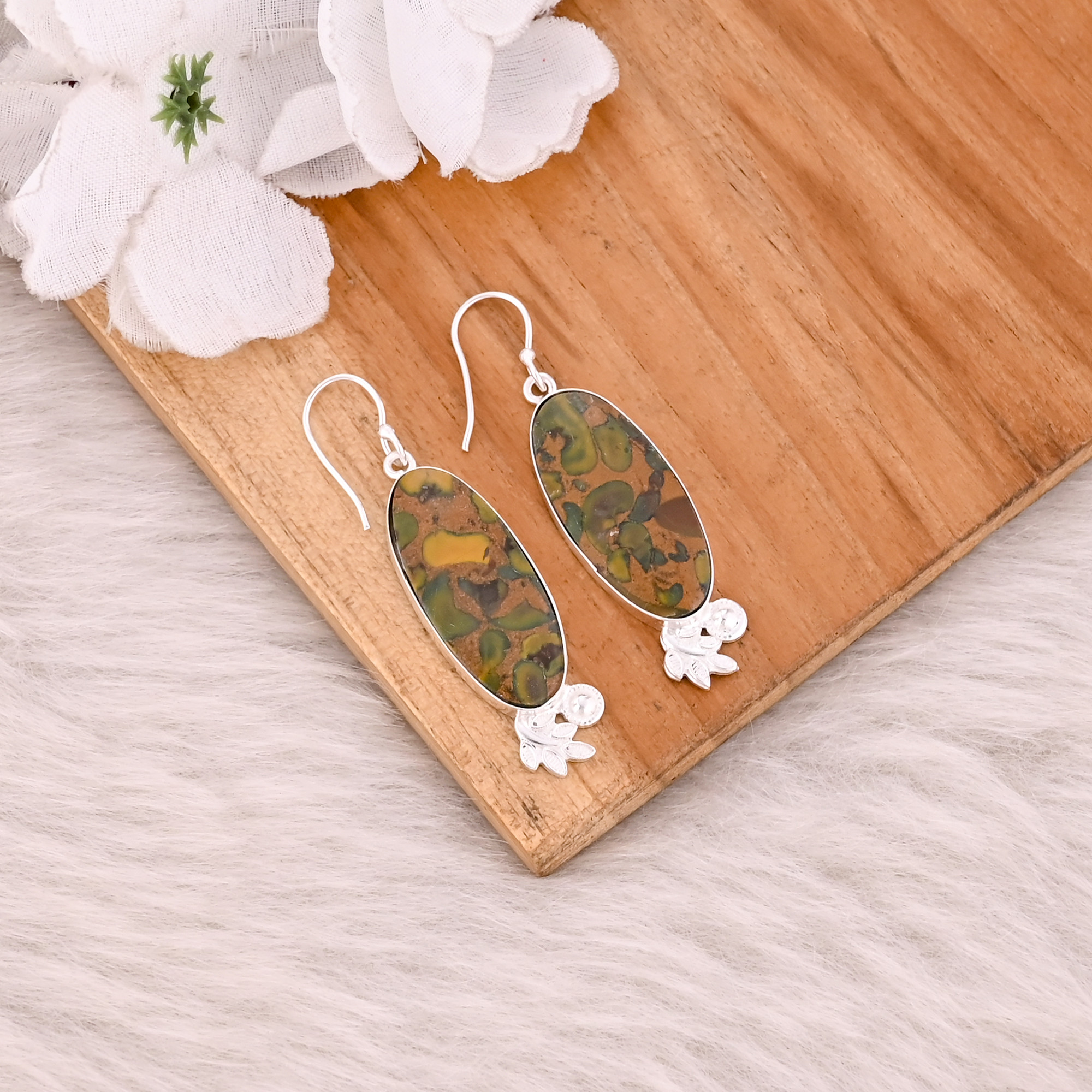 Fruit Jasper Long Oval Gemstone Handmade Designer Brass Silver Plated Dangler Earring