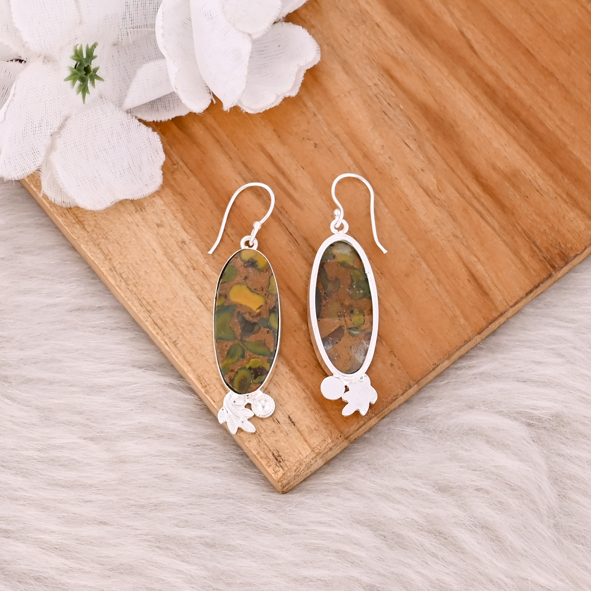 Fruit Jasper Long Oval Gemstone Handmade Designer Brass Silver Plated Dangler Earring