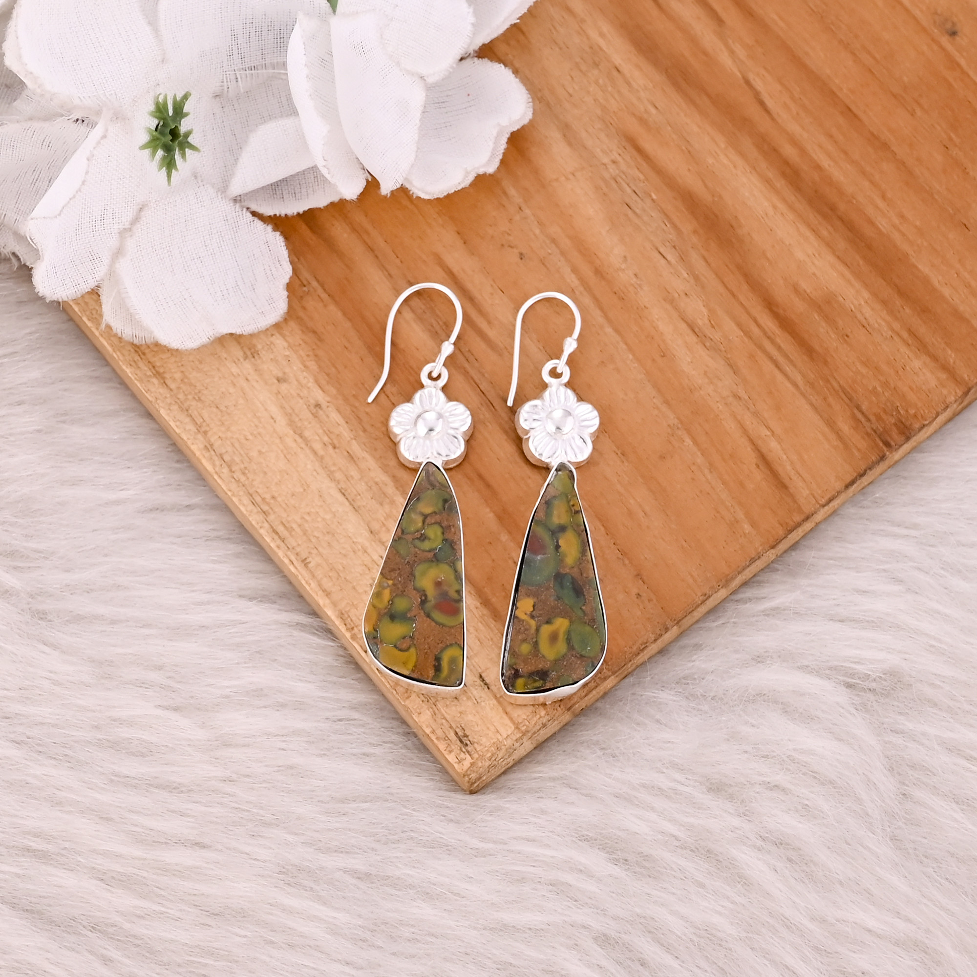 Fruit Jasper Gemstone Handmade Designer Brass Silver Plated Dangler Earring Charm Jewelry
