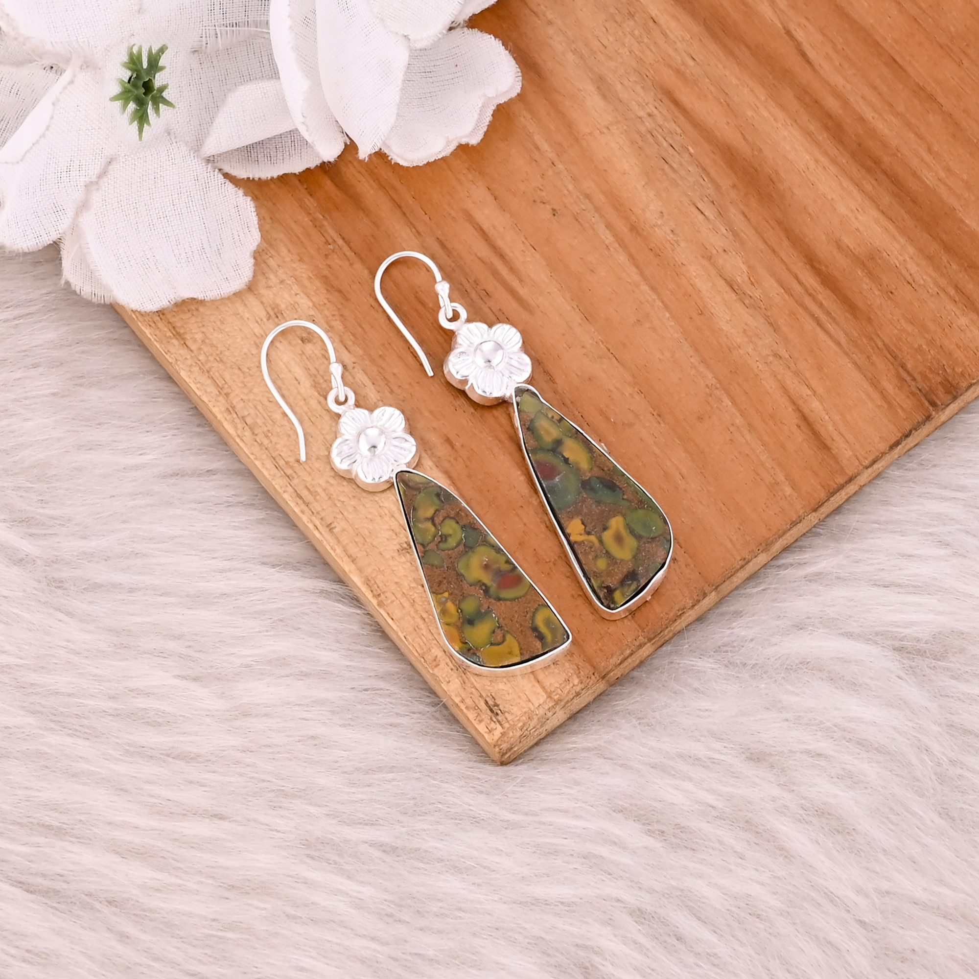 Fruit Jasper Gemstone Handmade Designer Brass Silver Plated Dangler Earring Charm Jewelry