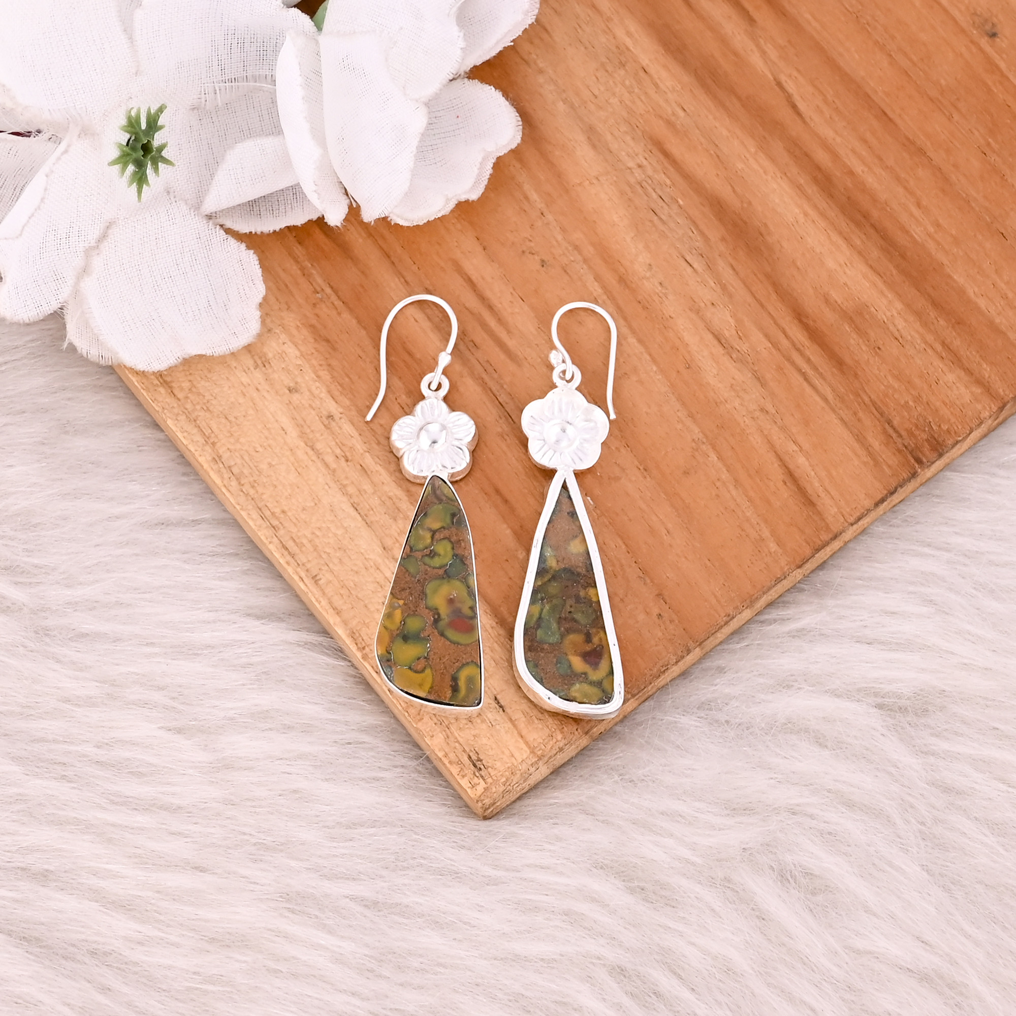 Fruit Jasper Gemstone Handmade Designer Brass Silver Plated Dangler Earring Charm Jewelry