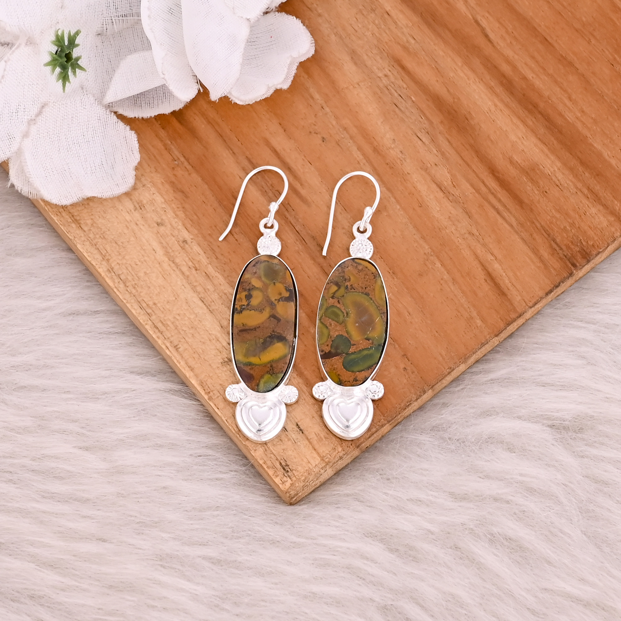 Fruit Jasper Long Oval Gemstone Handmade Designer Brass Silver Plated Dangler Earring