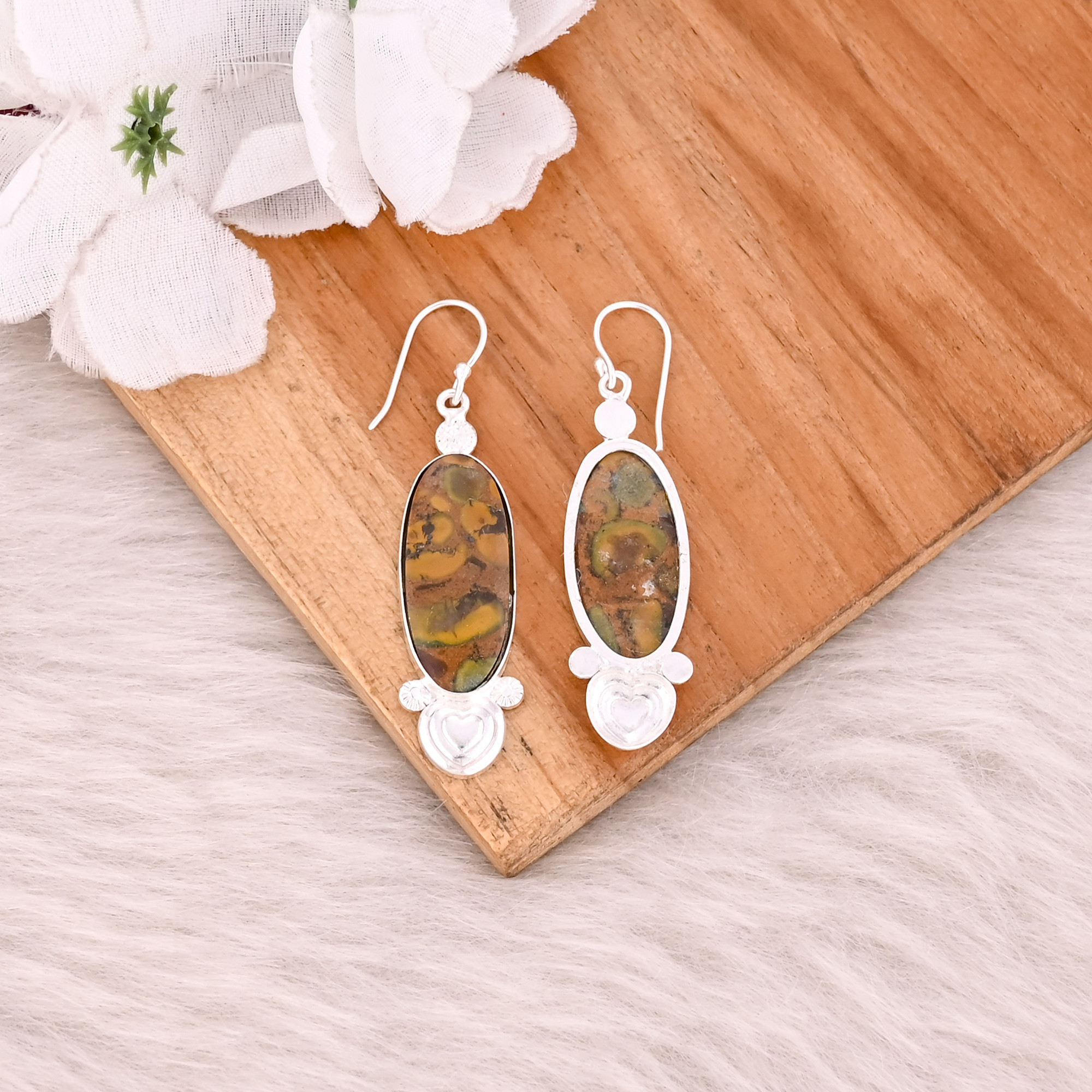 Fruit Jasper Long Oval Gemstone Handmade Designer Brass Silver Plated Dangler Earring