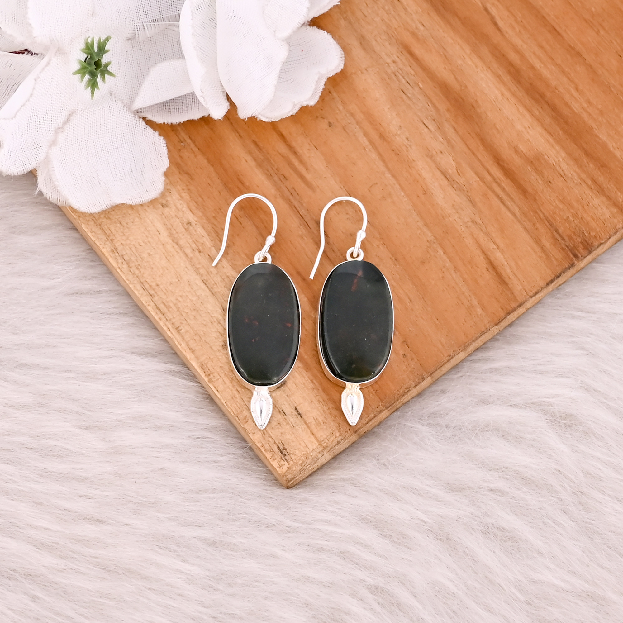 Blood Stone Handmade Designer Brass Silver Plated Statement Earring