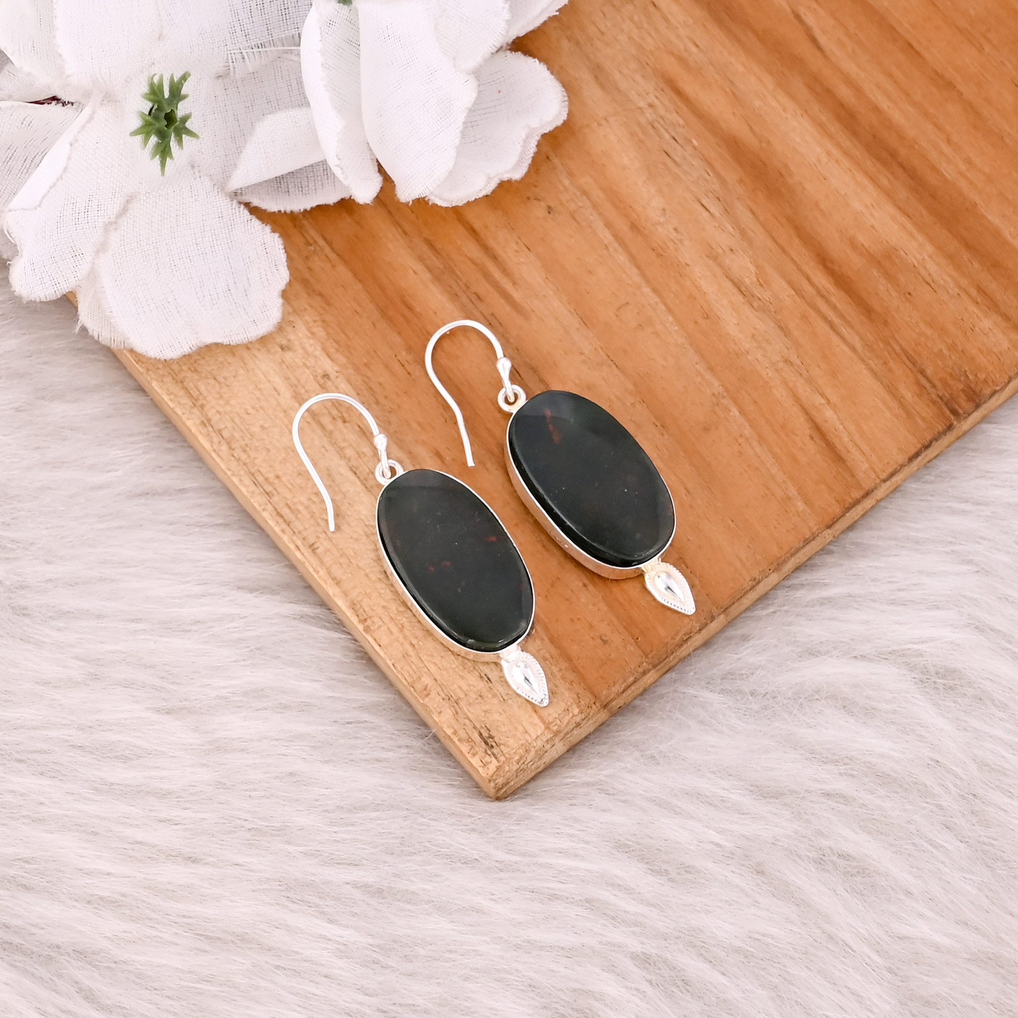 Blood Stone Handmade Designer Brass Silver Plated Statement Earring