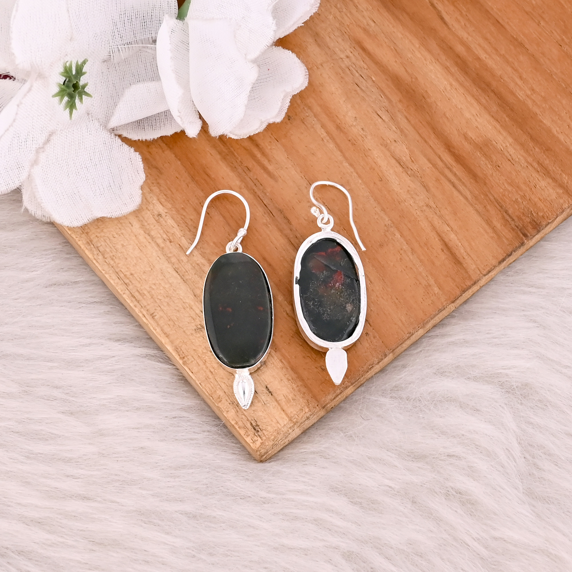 Blood Stone Handmade Designer Brass Silver Plated Statement Earring