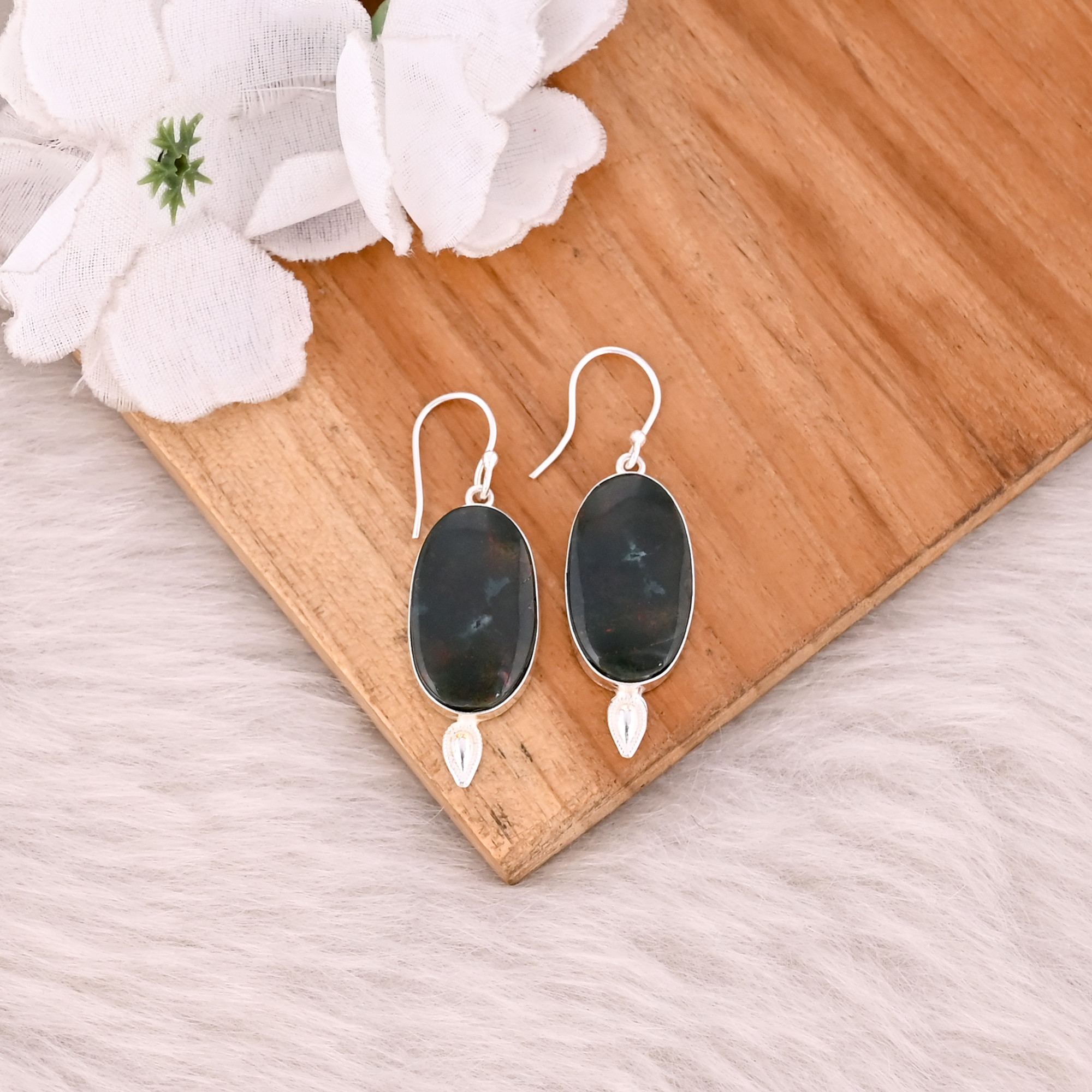 Blood Stone Oval Gemstone Silver Plated Brass Silver Plated Bezel Setting Handmade Dangle Earring Wholesale Jewelry