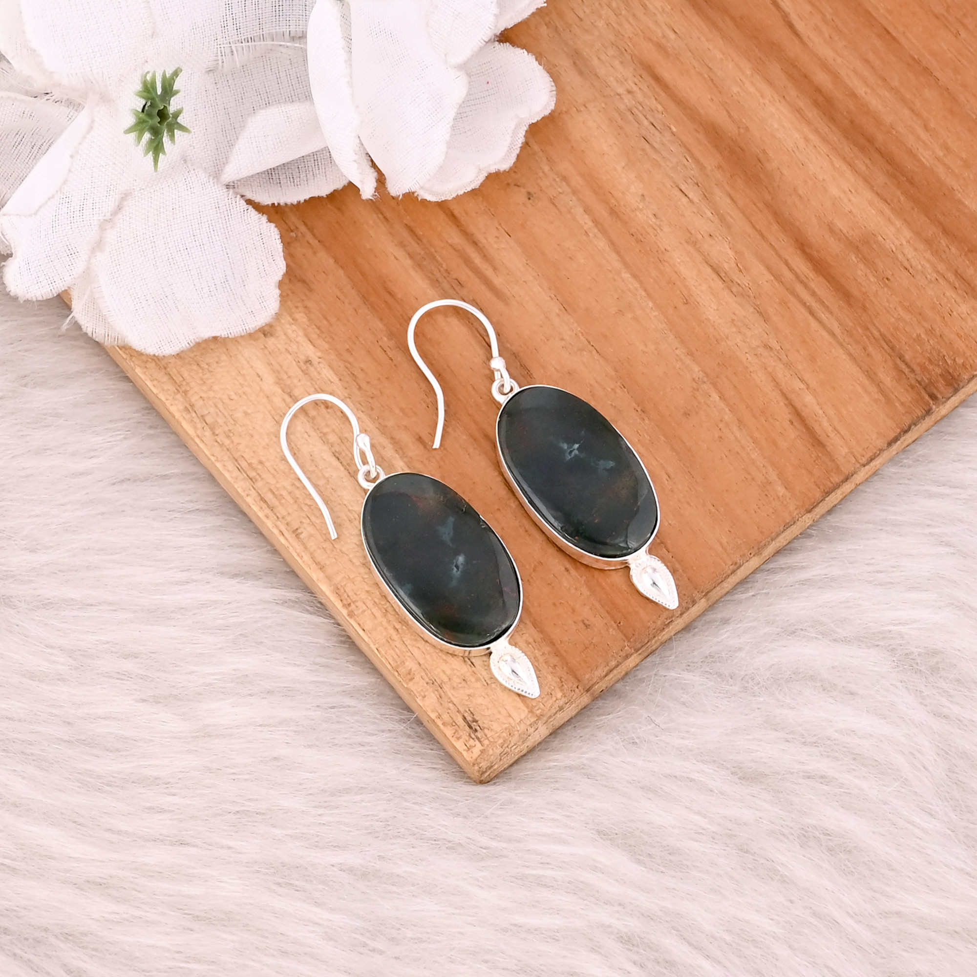 Blood Stone Oval Gemstone Silver Plated Brass Silver Plated Bezel Setting Handmade Dangle Earring Wholesale Jewelry