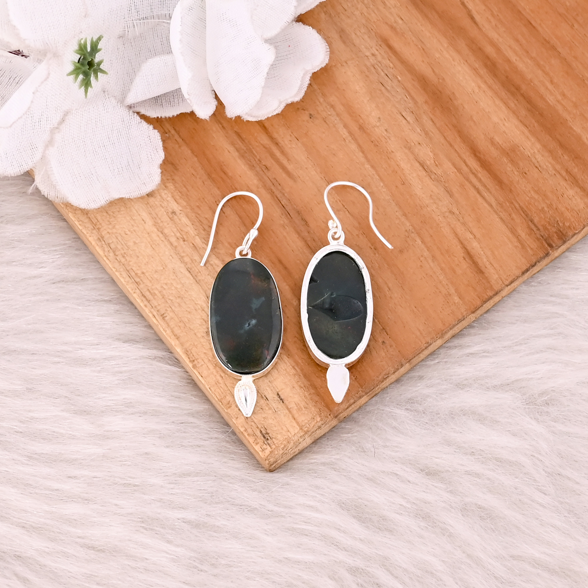 Blood Stone Oval Gemstone Silver Plated Brass Silver Plated Bezel Setting Handmade Dangle Earring Wholesale Jewelry