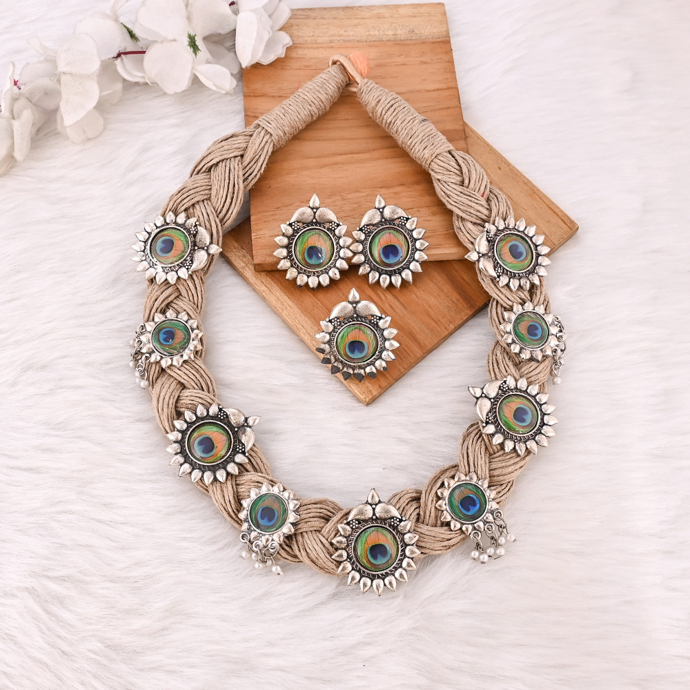 Image of Handmade Jute Thread Necklace with Ring &amp; Earring Set Boho Eco-Friendly Layered Statement Fashion Jewelry for Women