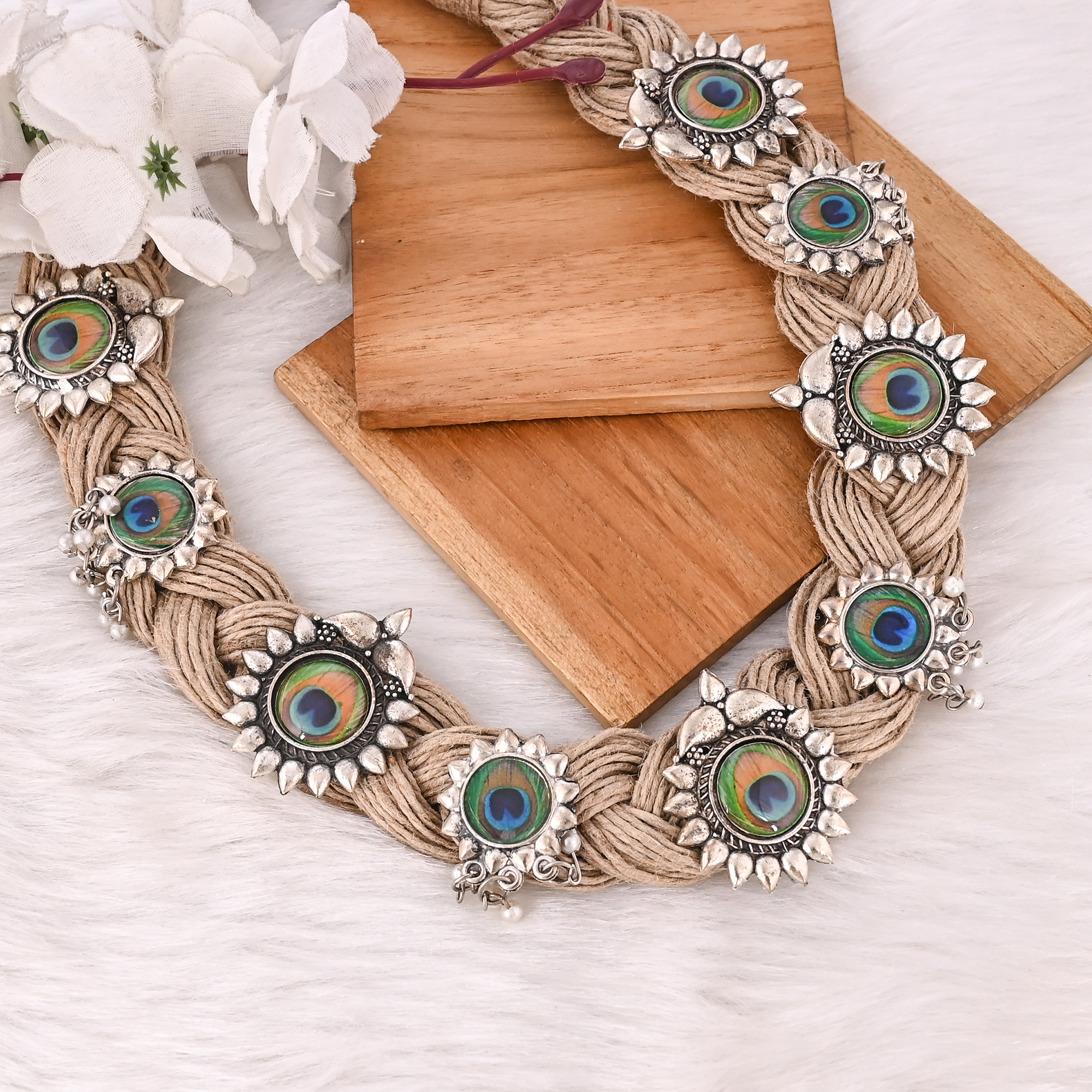 Handmade Jute Thread Necklace with Ring  Earring Set Boho Eco-Friendly Layered Statement Fashion Jewelry for Women