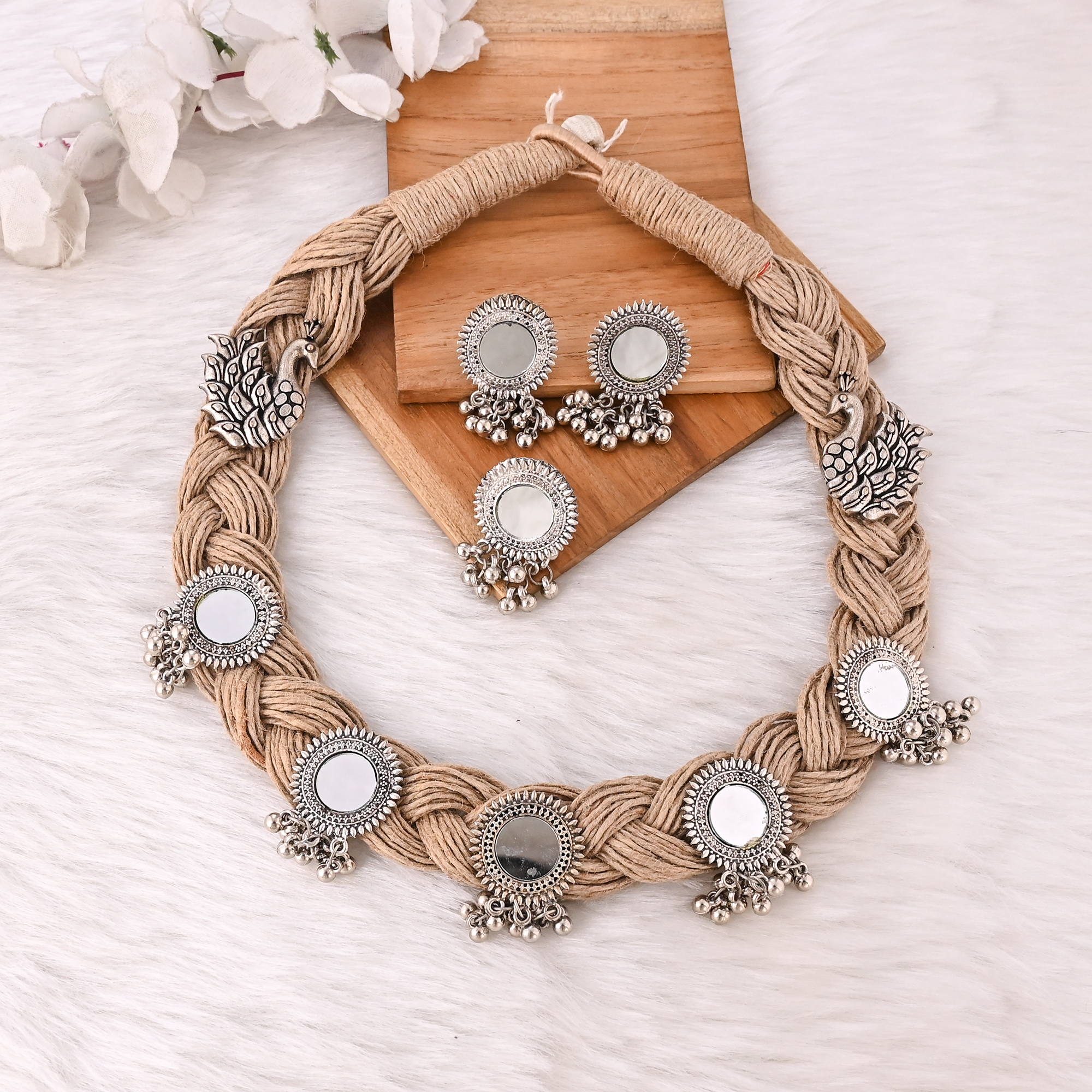 Designer Jute Mirror Work Jewelry Set Necklace Earrings  Ring Boho Fashion Accessories for Women
