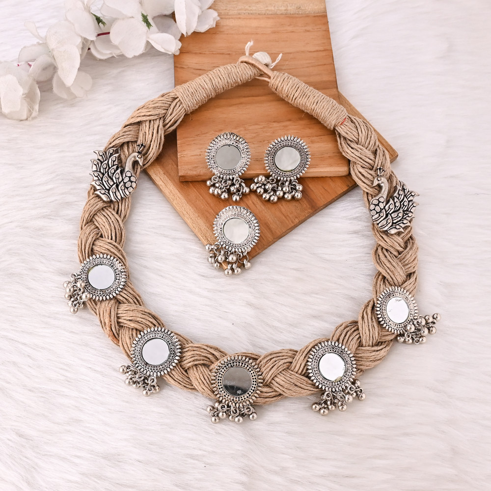 Image of Designer Jute Mirror Work Jewelry Set Necklace Earrings &amp; Ring Boho Fashion Accessories for Women