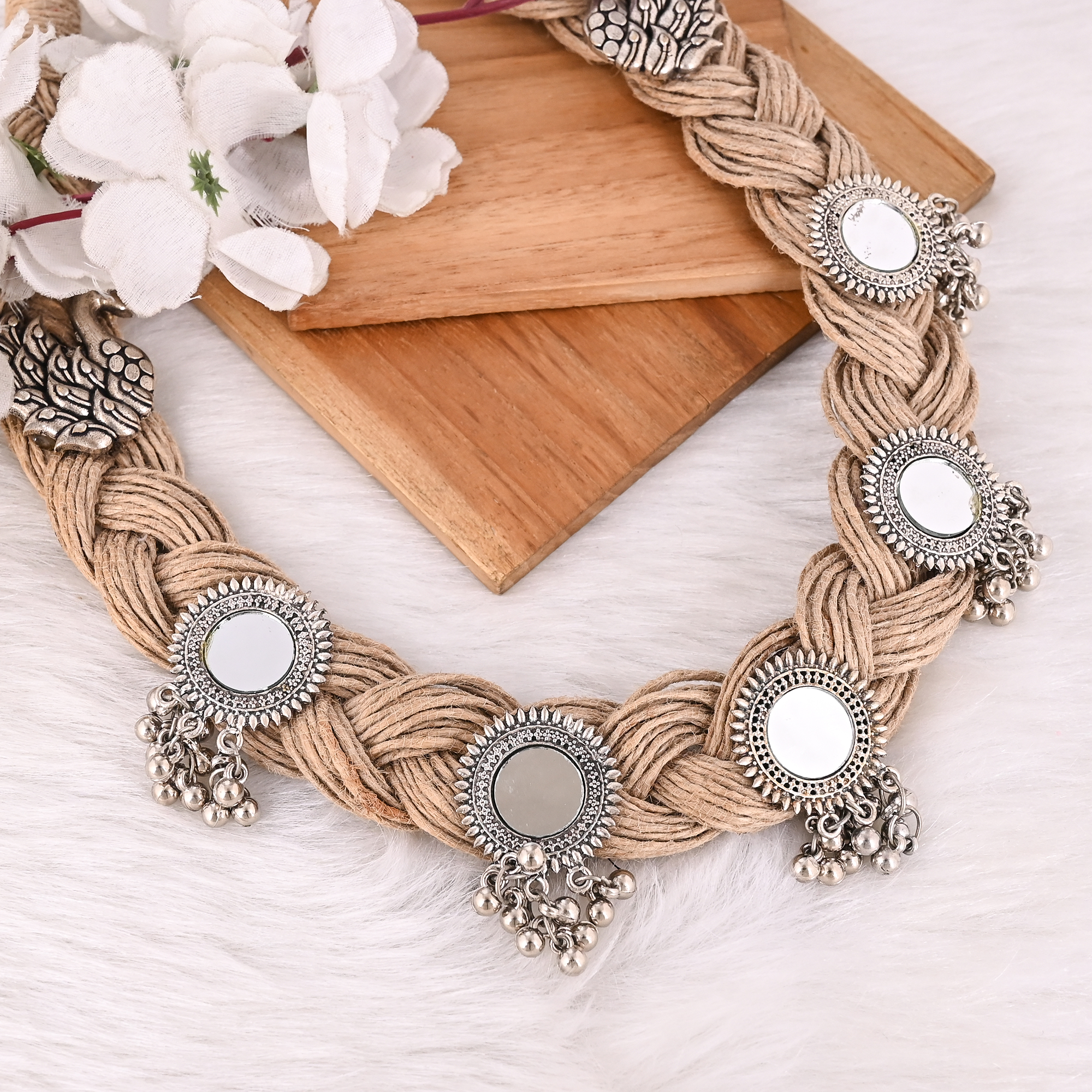 Designer Jute Mirror Work Jewelry Set Necklace Earrings  Ring Boho Fashion Accessories for Women