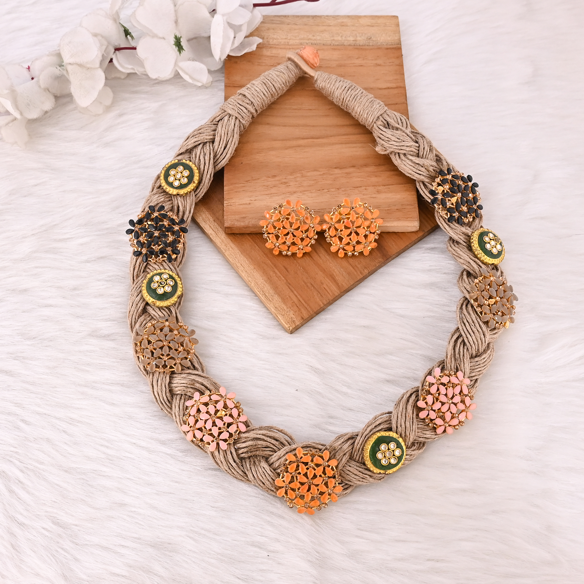 Multi Gemstone Jute Thread Necklace with Earring Set Boho Eco-Friendly Layered Statement Fashion Jewelry for Women