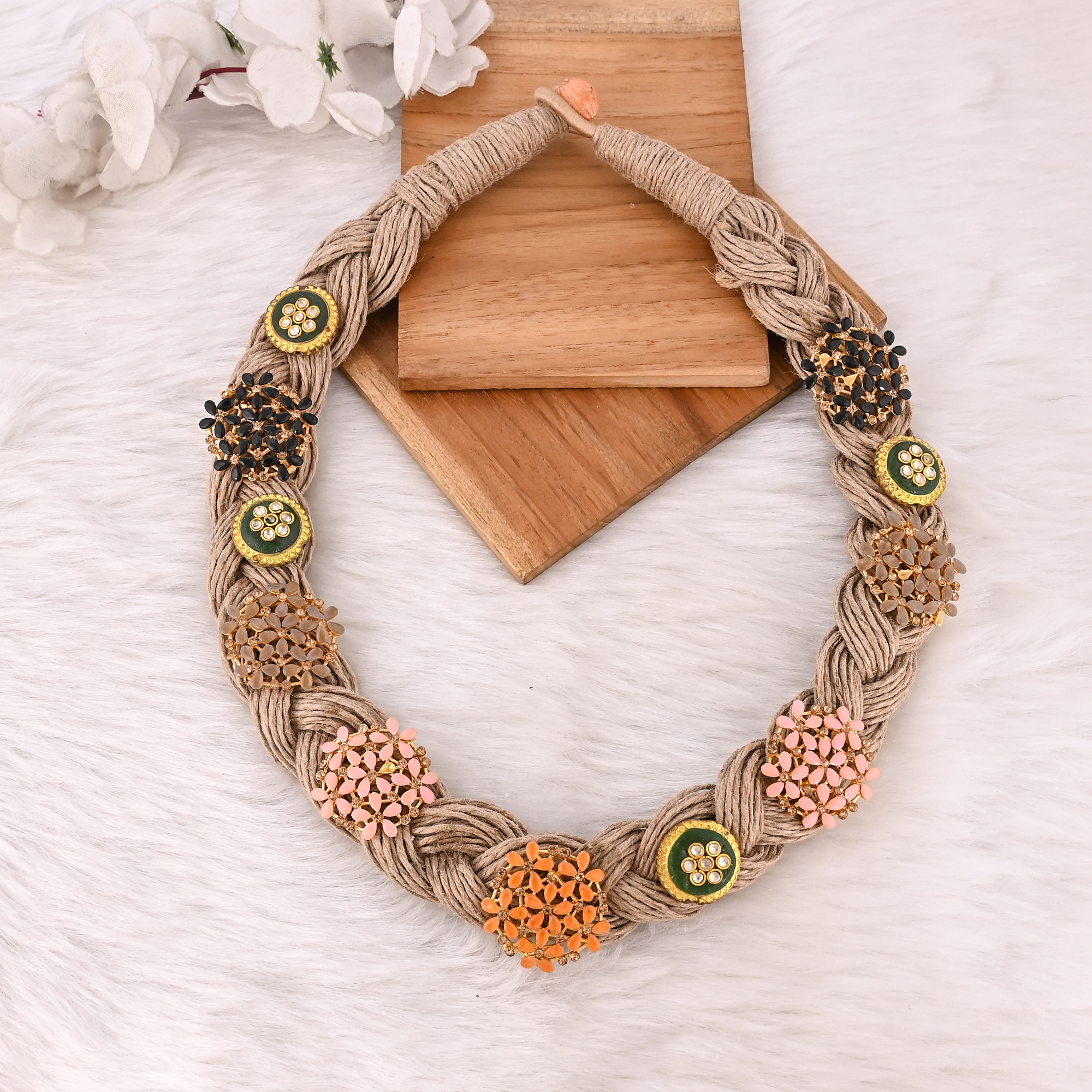 Multi Gemstone Jute Thread Necklace with Earring Set Boho Eco-Friendly Layered Statement Fashion Jewelry for Women