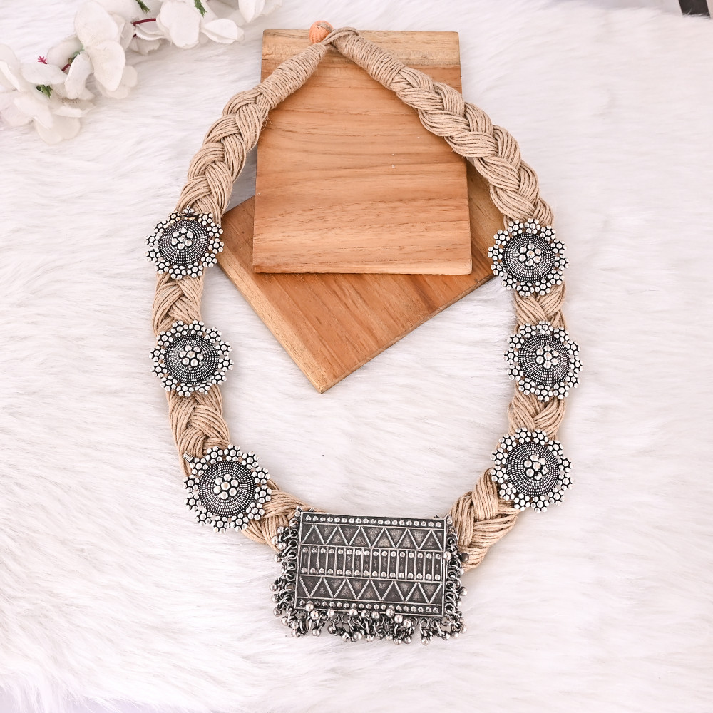 Image of Handmade Stylish Jute Flower Necklace Eco Friendly Natural Fiber Boho Fashion Jewelry for Women