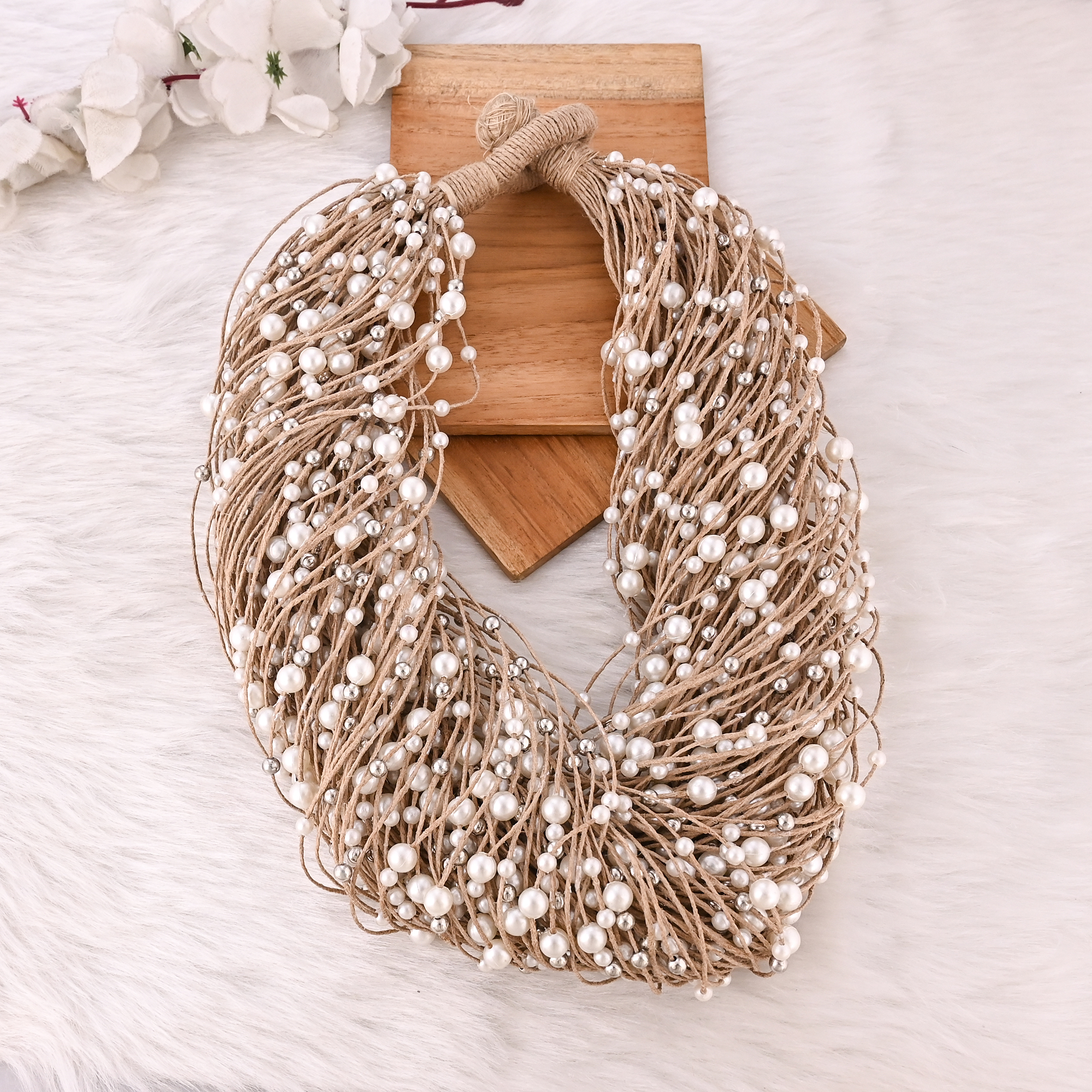 Handmade Jute Pearl Necklace Boho Eco-Friendly Layered Statement Fashion Jewelry for Women