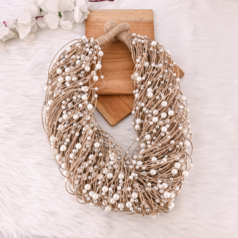 Image of Handmade Jute Pearl Necklace Boho Eco-Friendly Layered Statement Fashion Jewelry for Women