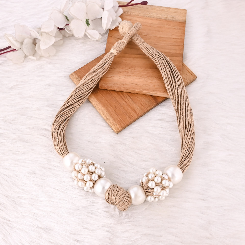Image of Handmade Jute Pearl Necklace Eco Friendly Natural Fiber Boho Fashion Jewelry for Women