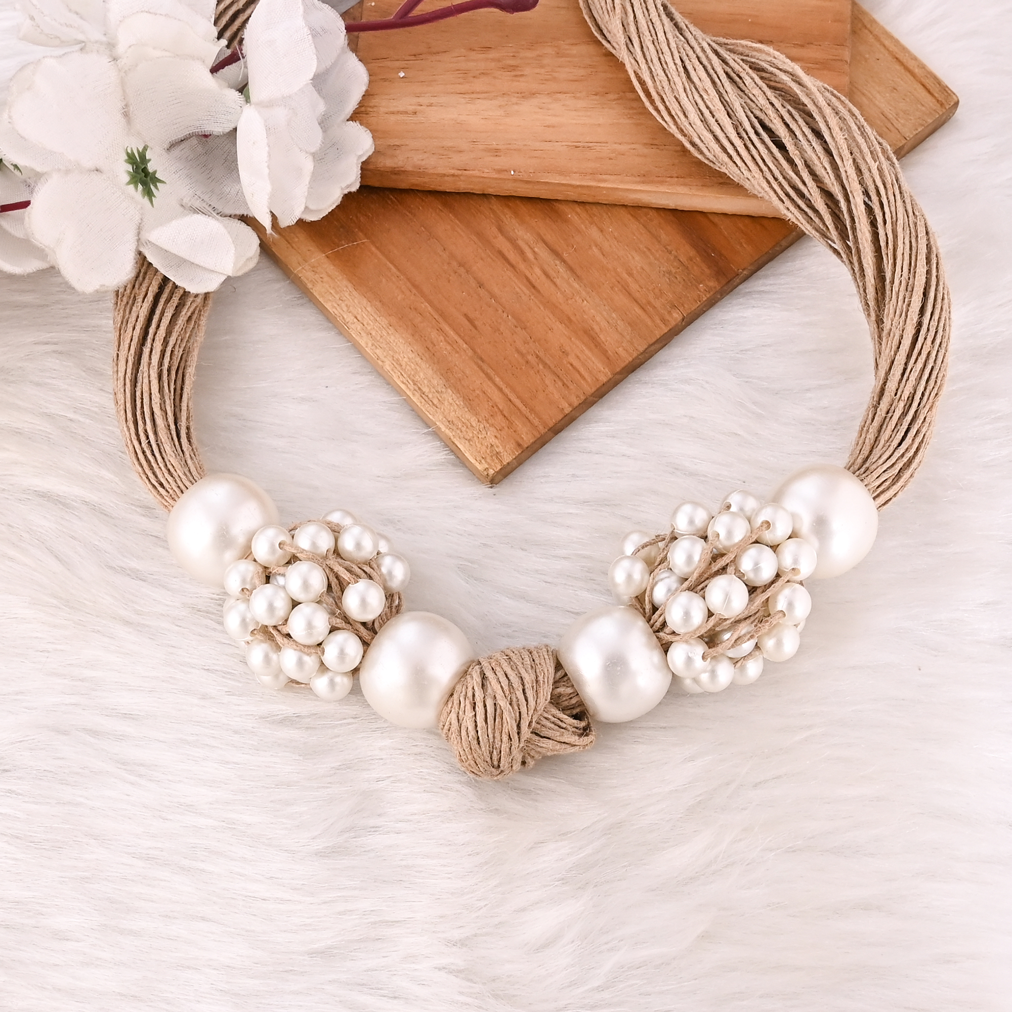 Handmade Jute Pearl Necklace Eco Friendly Natural Fiber Boho Fashion Jewelry for Women