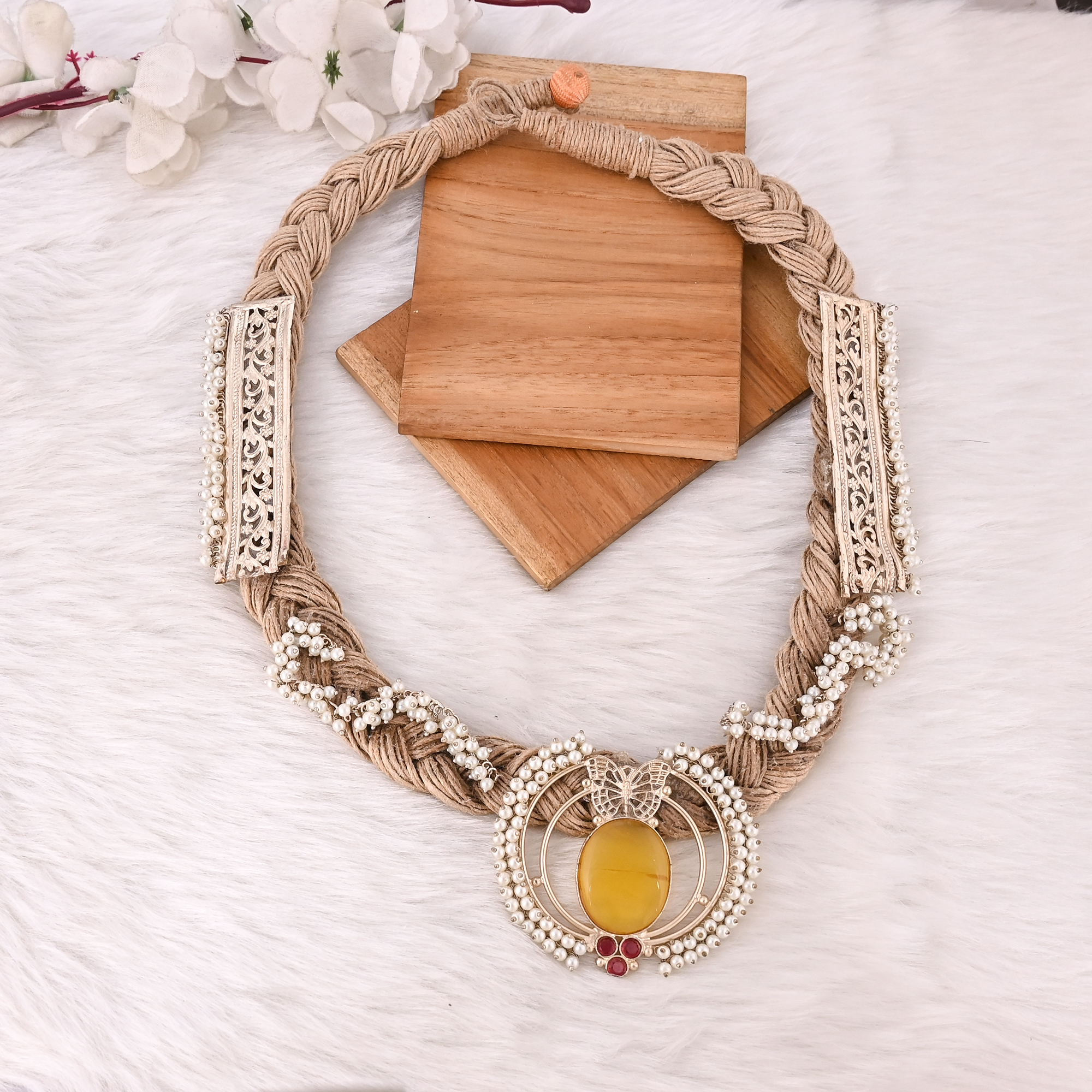 Handmade Jute Thread Necklace with Gemstone Boho Eco-Friendly Layered Statement Fashion Jewelry for Women