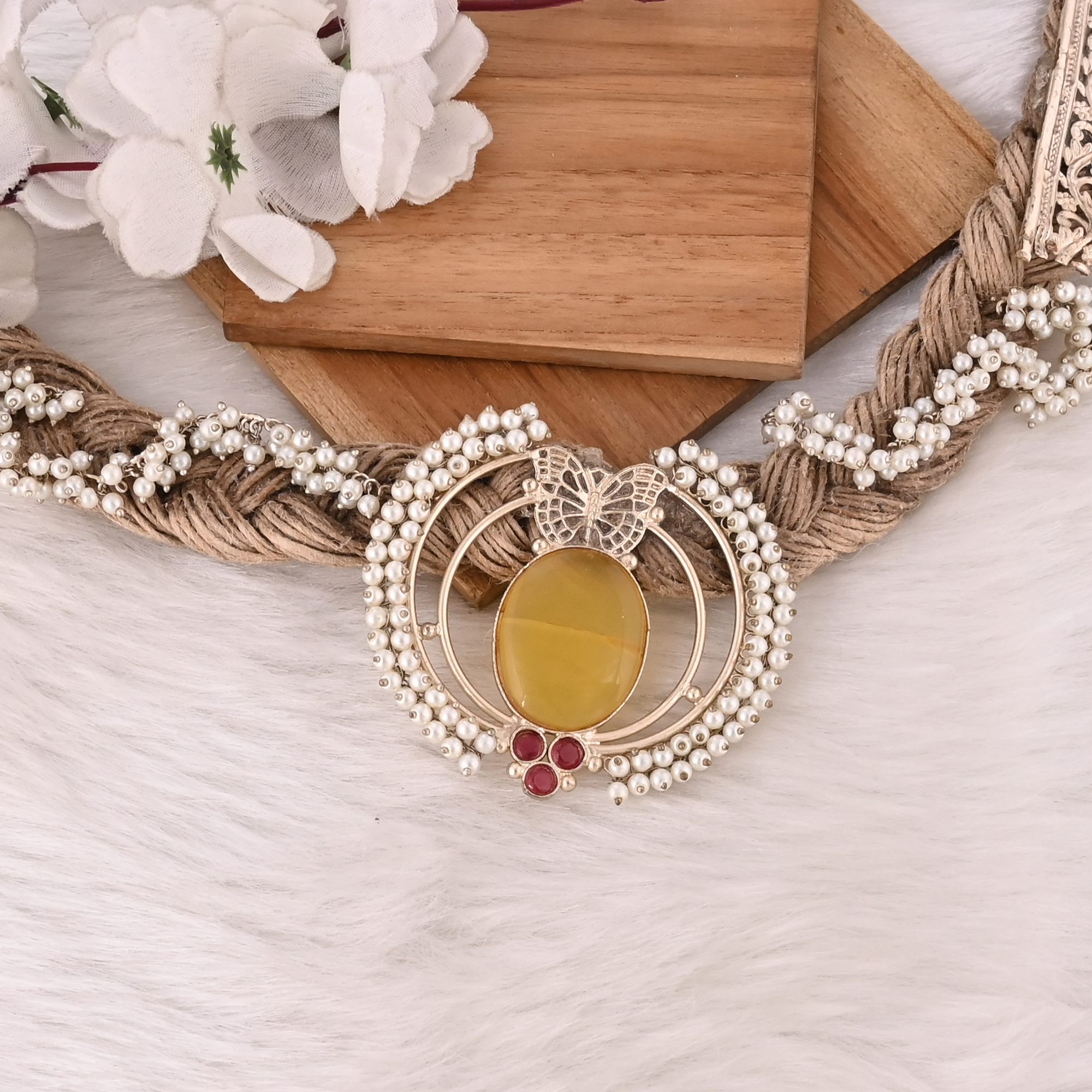 Handmade Jute Thread Necklace with Gemstone Boho Eco-Friendly Layered Statement Fashion Jewelry for Women