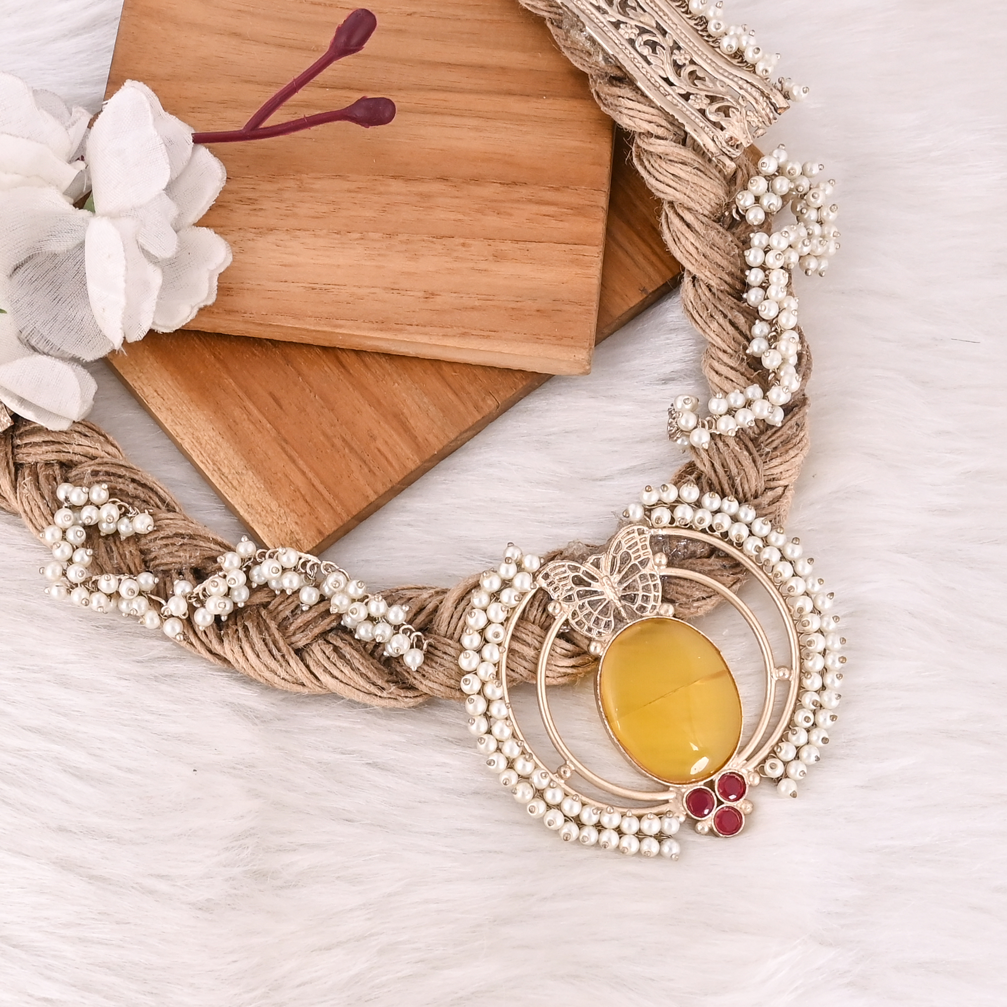 Handmade Jute Thread Necklace with Gemstone Boho Eco-Friendly Layered Statement Fashion Jewelry for Women