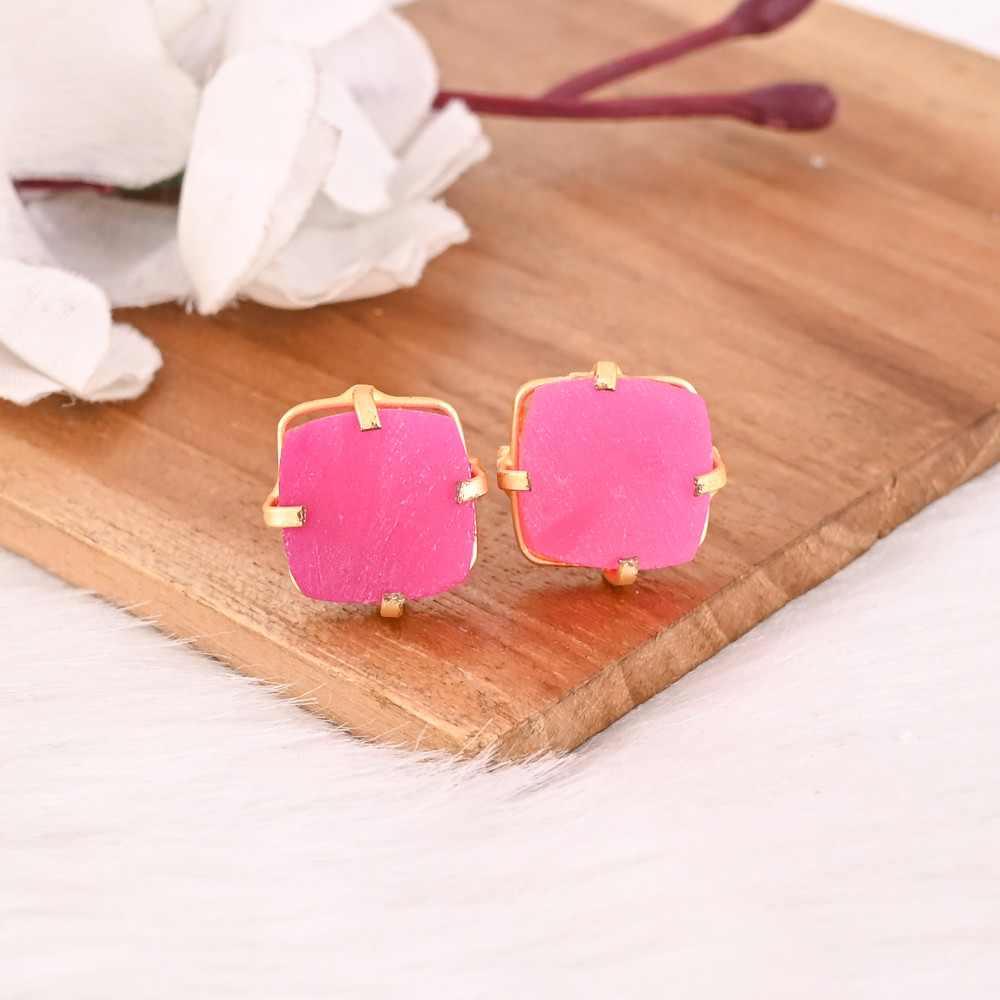Image of Fuchsia Chalcedony Raw Gemstone Brass Stud Earrings Style Handmade Fashion Jewelry for Women