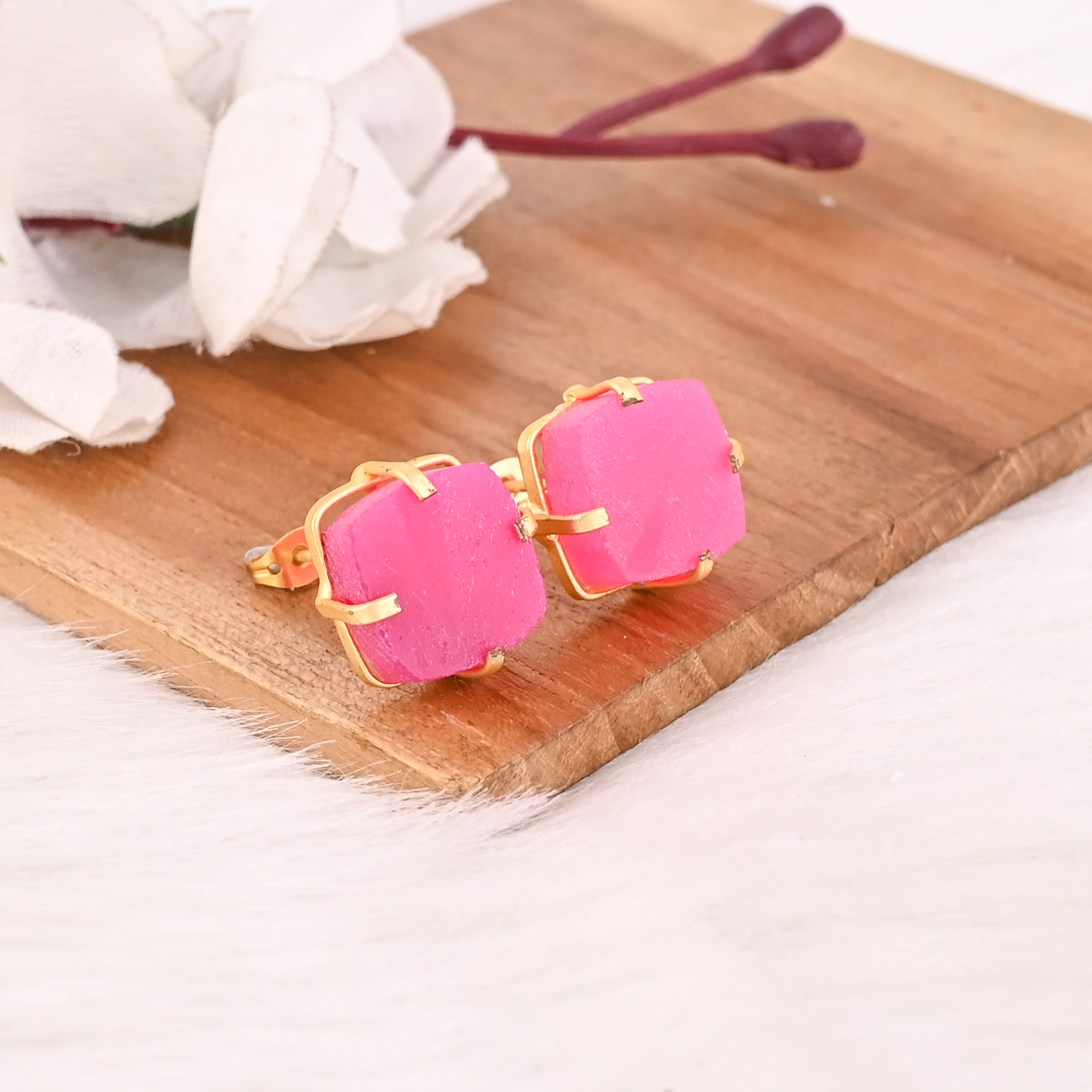 Fuchsia Chalcedony Raw Gemstone Brass Stud Earrings Style Handmade Fashion Jewelry for Women