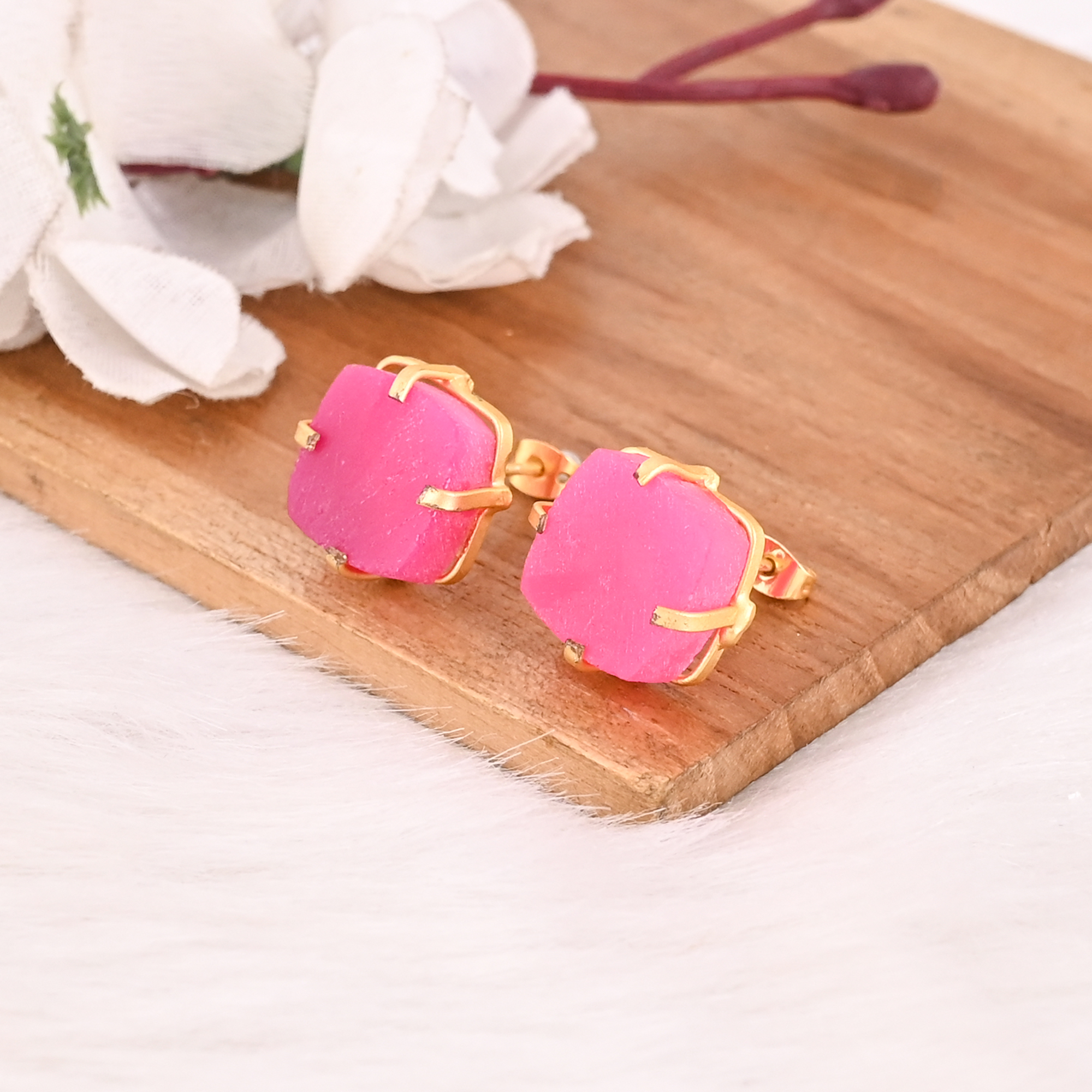 Fuchsia Chalcedony Raw Gemstone Brass Stud Earrings Style Handmade Fashion Jewelry for Women