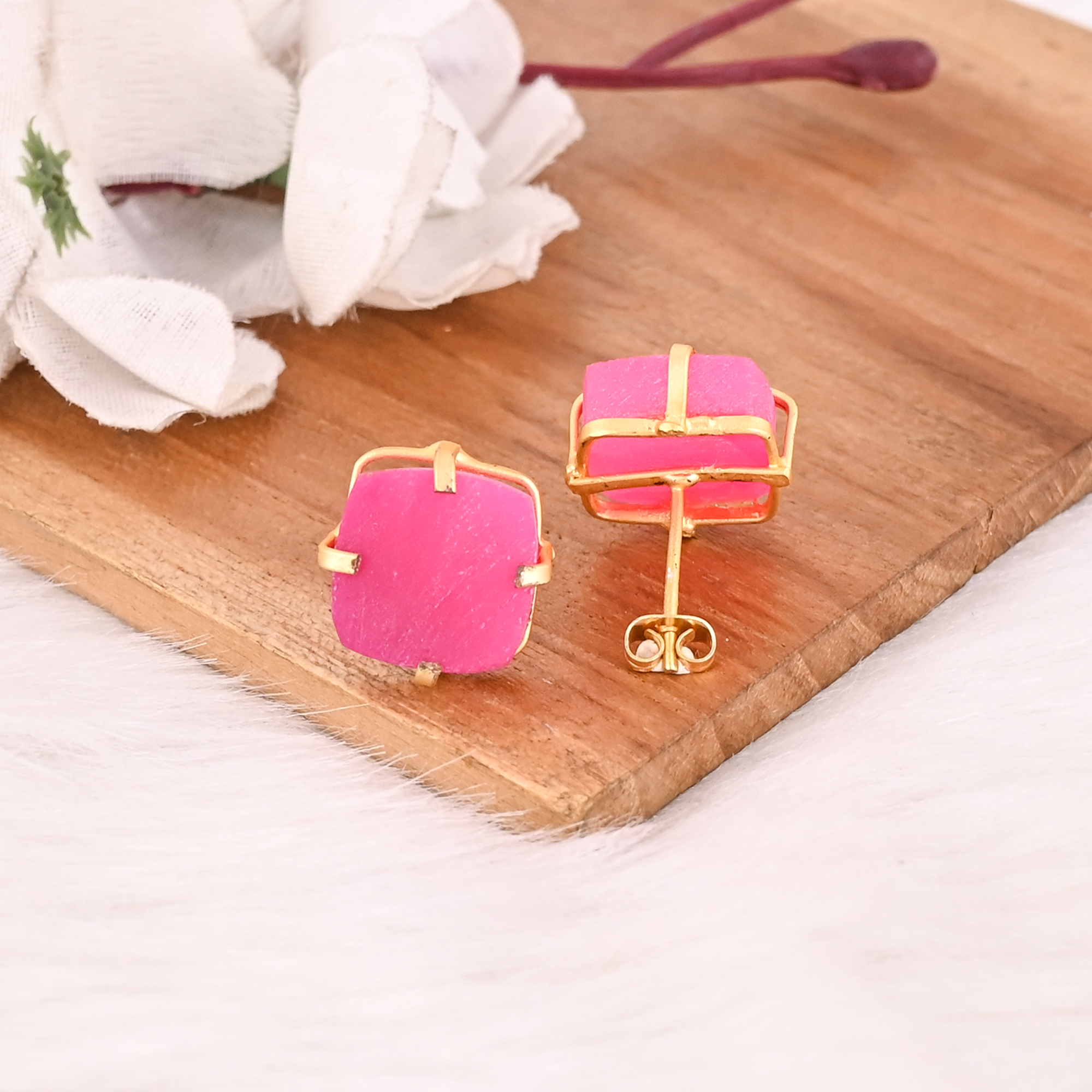 Fuchsia Chalcedony Raw Gemstone Brass Stud Earrings Style Handmade Fashion Jewelry for Women