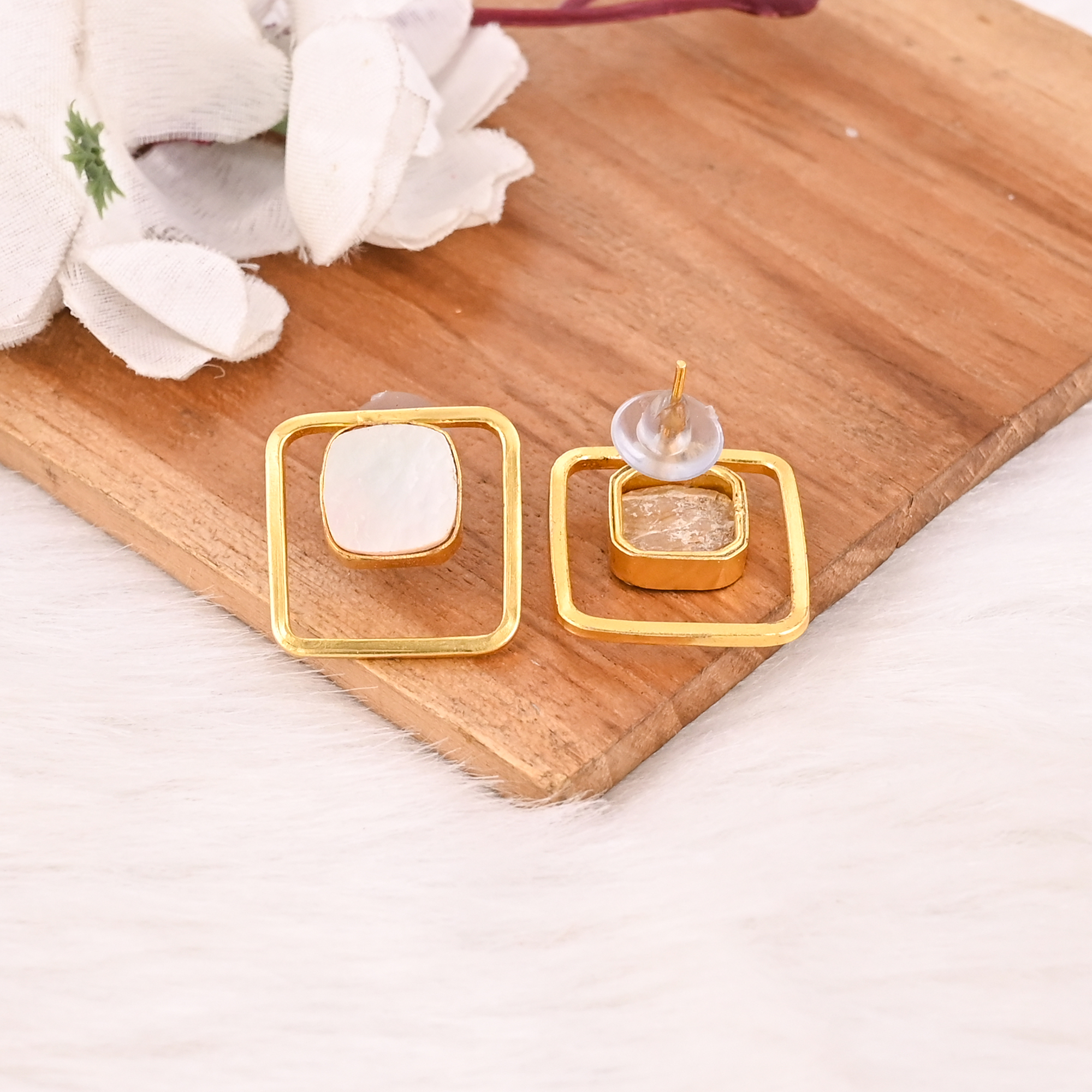 Natural Mother Of Pearl Dangle Brass Earrings Handmade Fashion Jewelry for Women