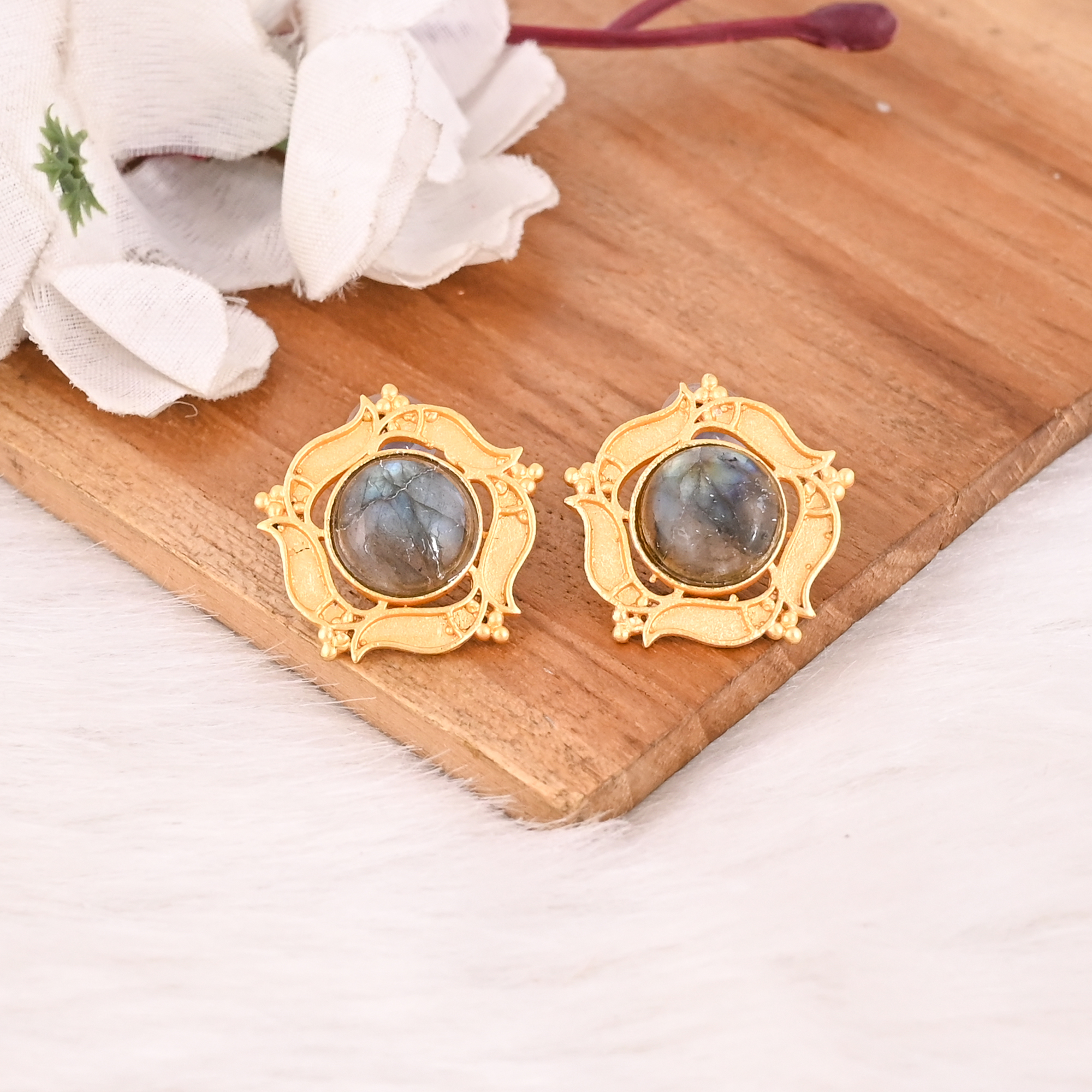 Stylish Natural Labradorite Stud Earrings Gold Plated Handmade Brass Jewelry for Women