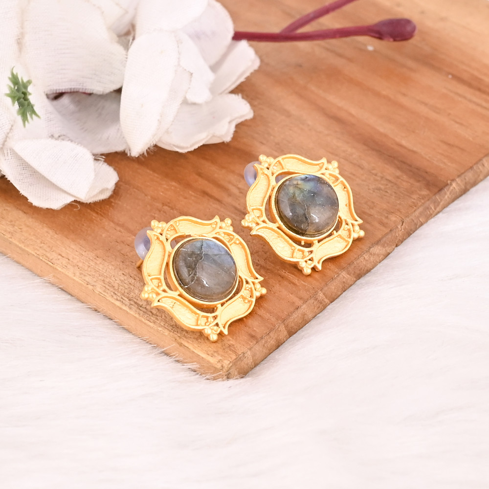 Image of Stylish Natural Labradorite Stud Earrings Gold Plated Handmade Brass Jewelry for Women