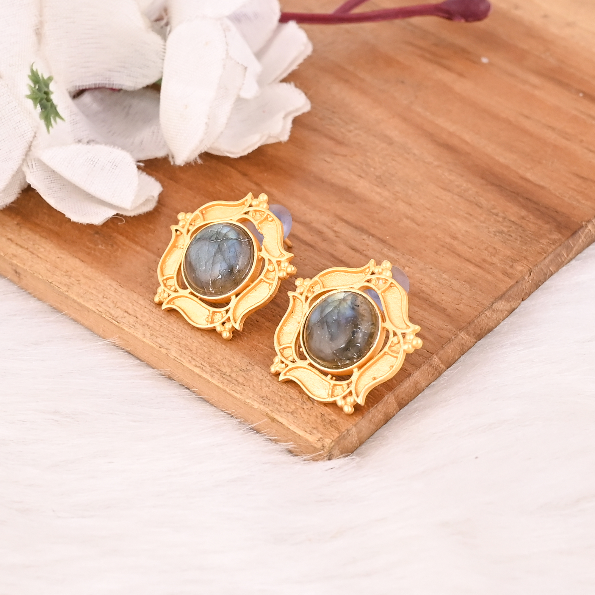 Stylish Natural Labradorite Stud Earrings Gold Plated Handmade Brass Jewelry for Women